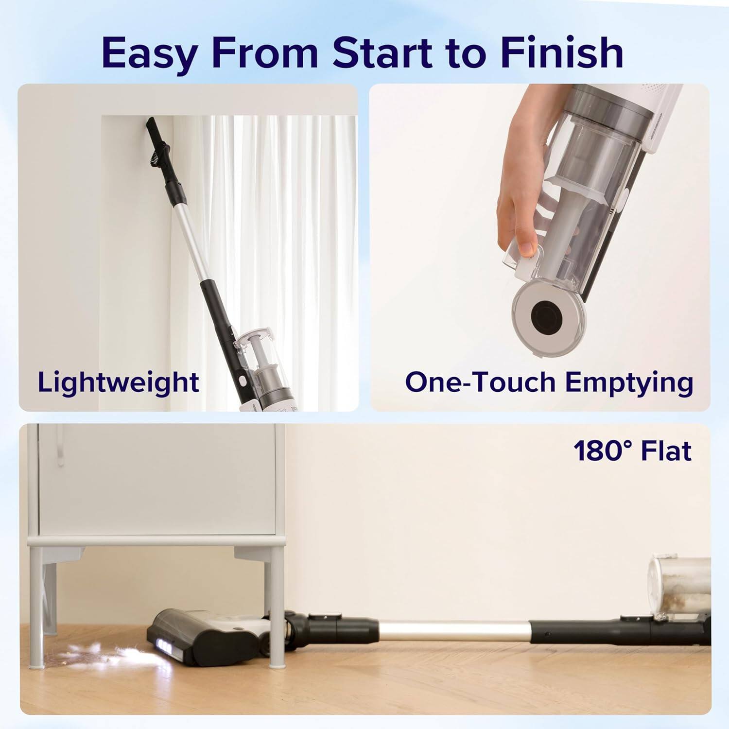 Easy From Start to Finish  
Lightweight  
One-Touch Emptying  
180° Flat