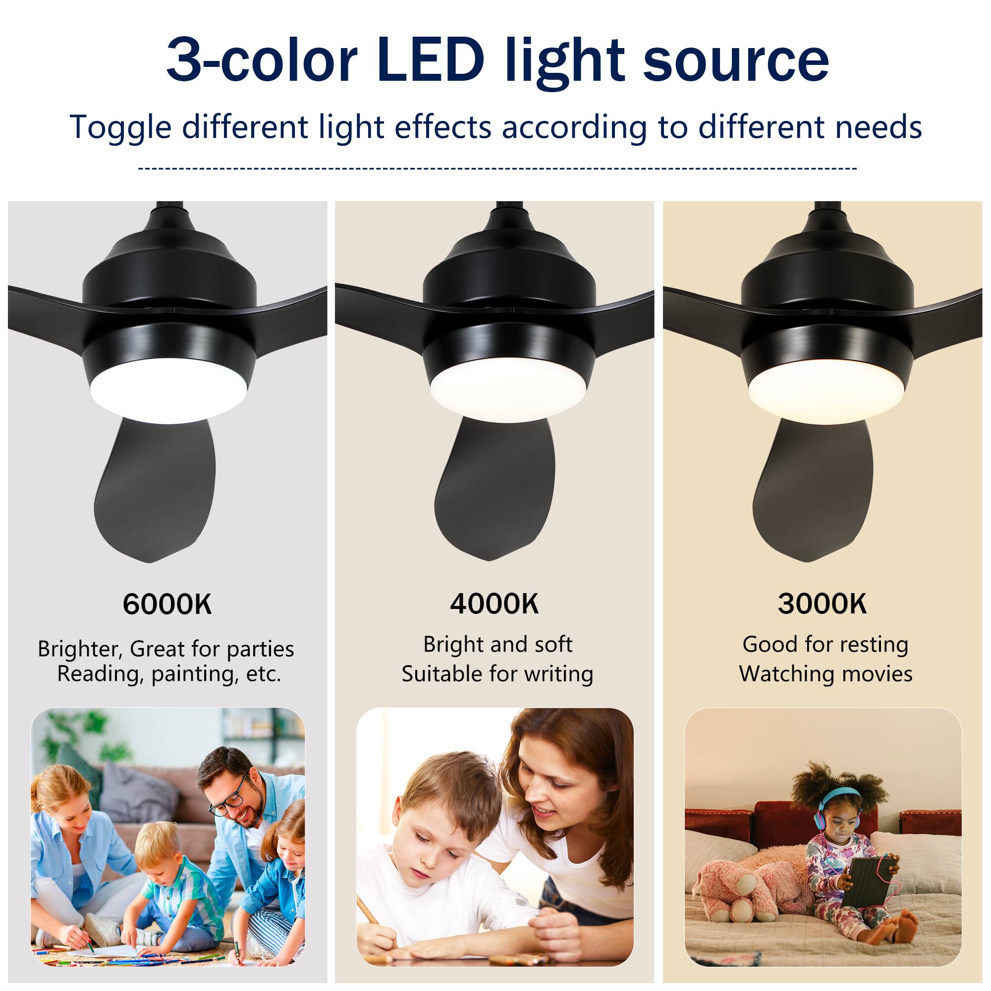 3-color LED light source  
Toggle different light effects according to different needs  

6000K  
Brighter, Great for parties, Reading, painting, etc.  

4000K  
Bright and soft  
Suitable for writing  

3000K  
Good for resting  
Watching movies