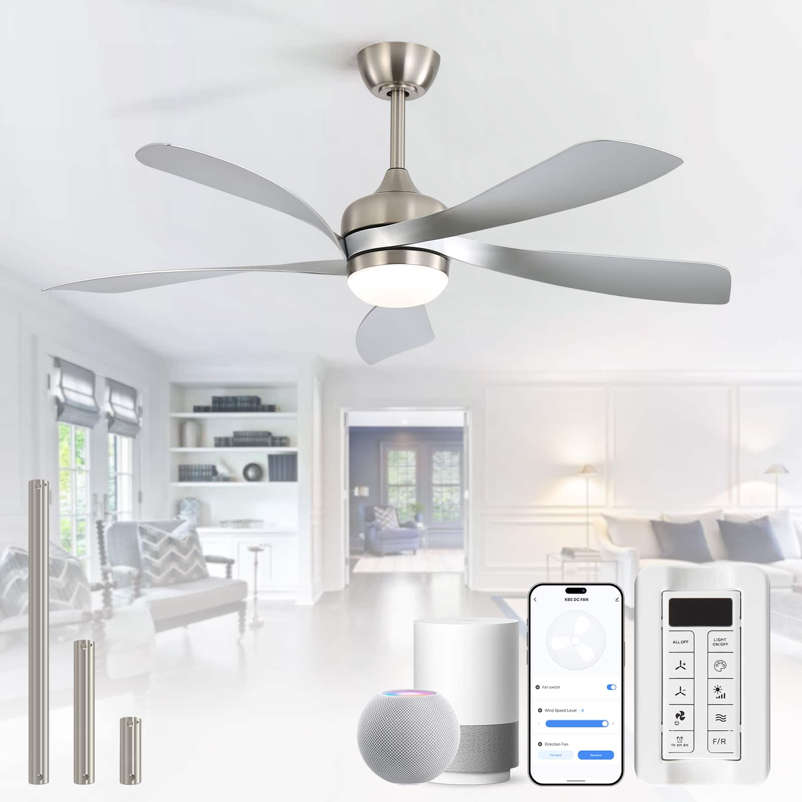Front. Sofucor - 52 Inch Smart Ceiling Fan Light Kits with Remote/APP/Alexa Control Low Profile Ceiling Fan Reversible DC Dimmable LED - Nickel - Silver.