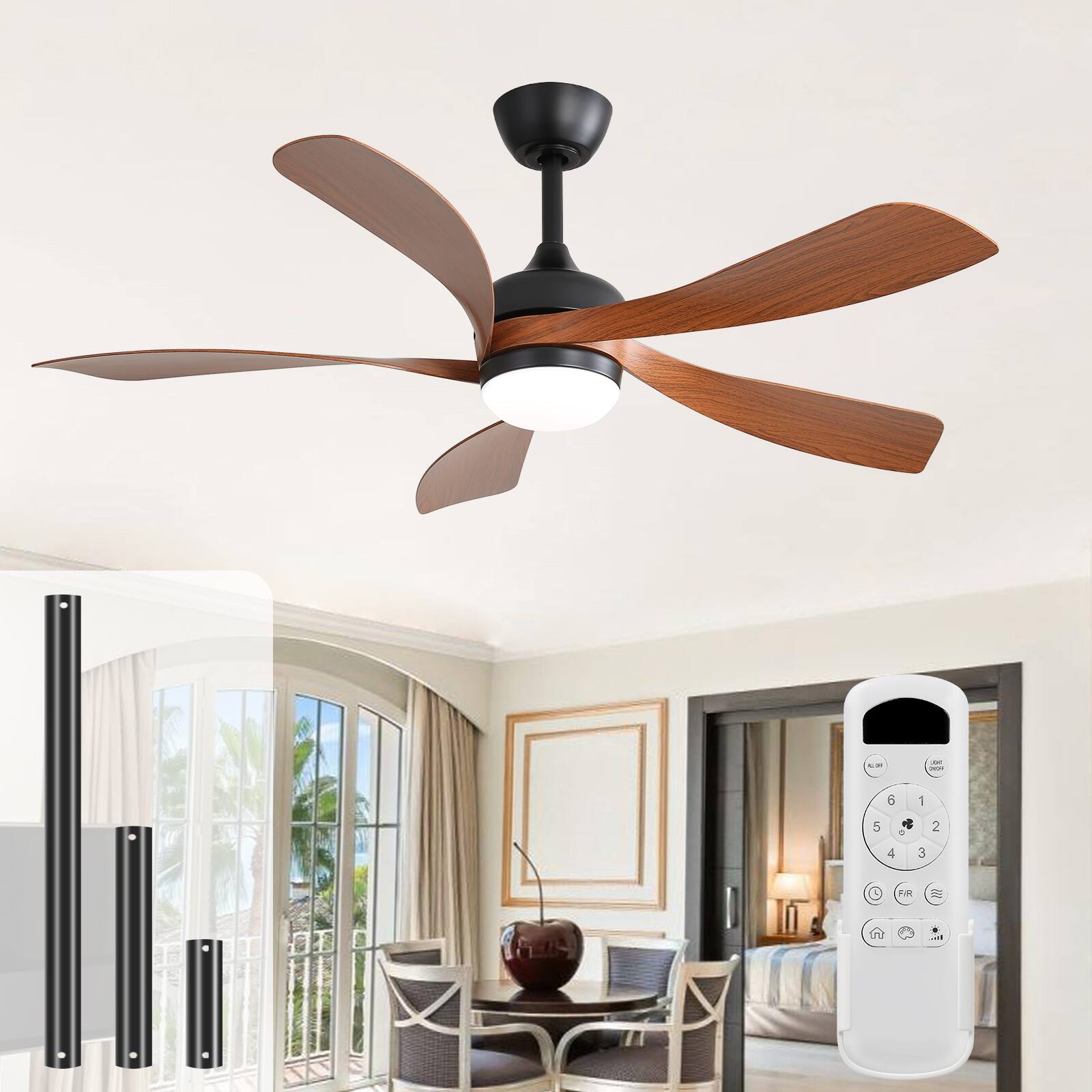 Sofucor - 52 Inch Ceiling Fan with Remote and Lights Quiet DC Motor 5 Blades High CFM Modern Bedroom Ceiling Fan - Black
