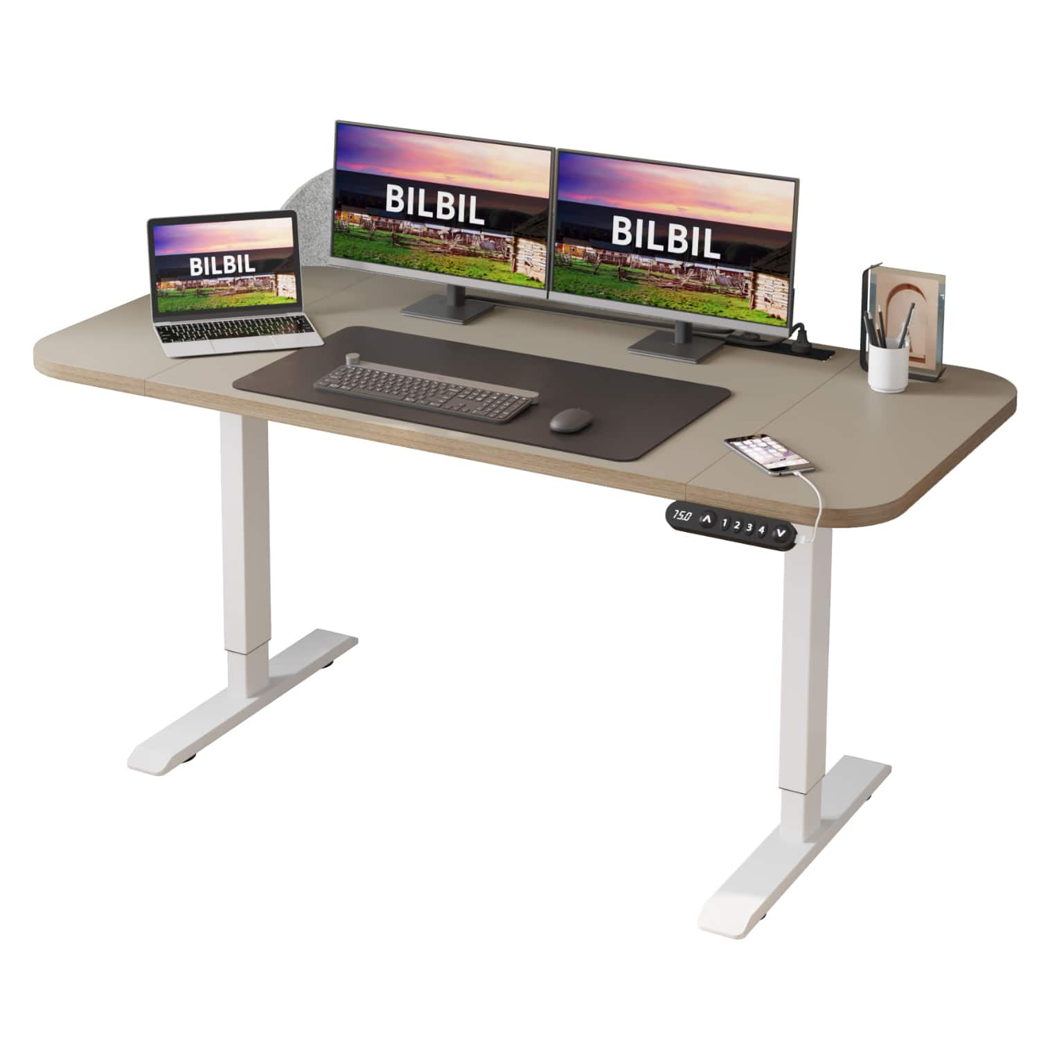 Bilbil - Electric Standing Desk, 63x30 Inch Workstation with 4 Preset Memory & Power Strip & Privacy Screen - Khaki