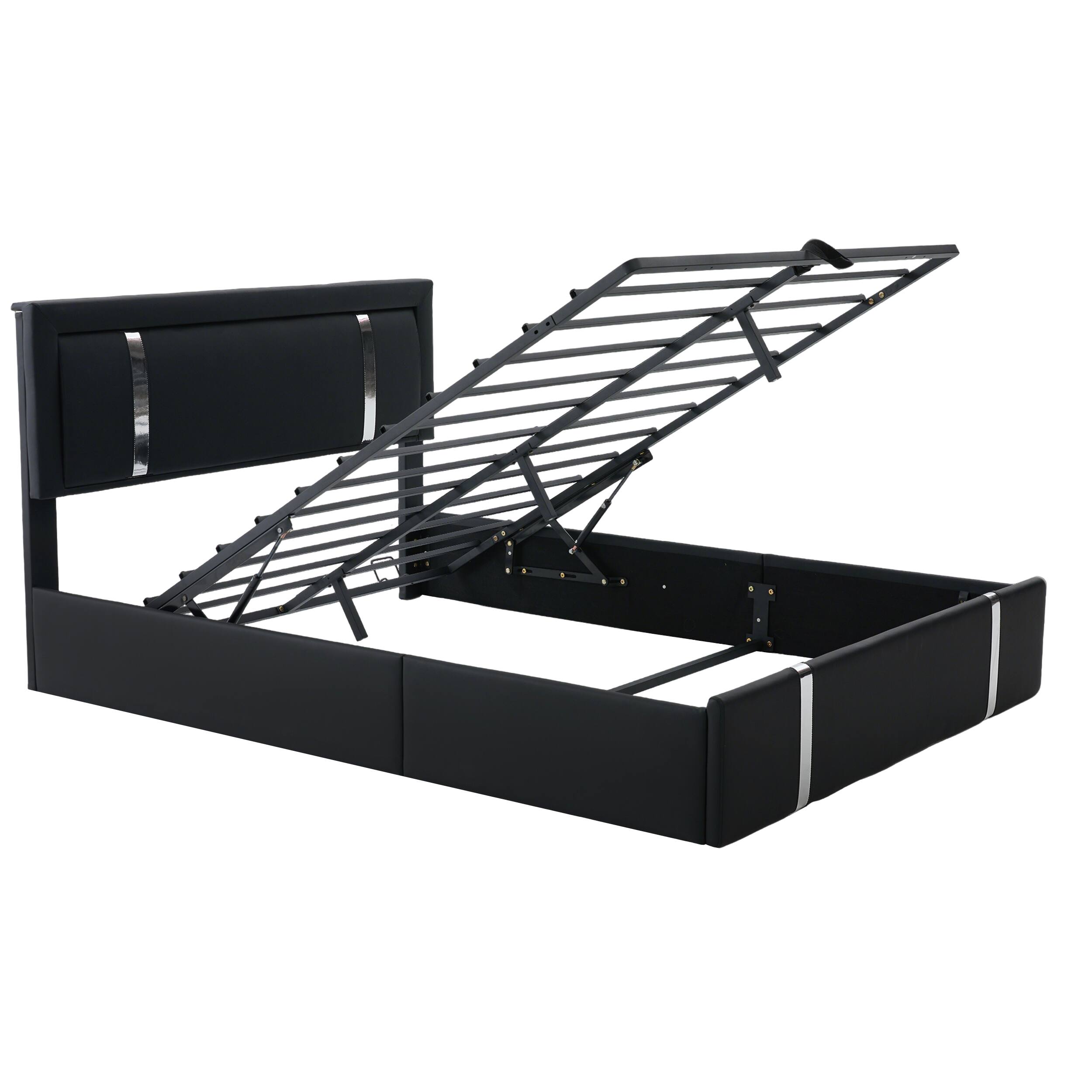 Alt View 6. LUCKY ONE - Queen Size Lift Up Storage Bed Frame with Adjustable LED Lights Headboard, USB-C Charging Ports - Black.