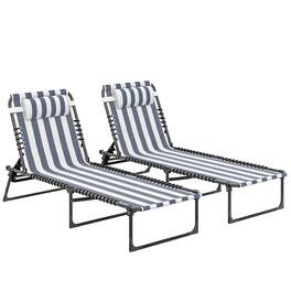 Outsunny - Folding Chaise Lounge Pool Chairs with 4-Position Reclining Back, Pillow, Breathable Mesh & Bungee Seat - Blue and White