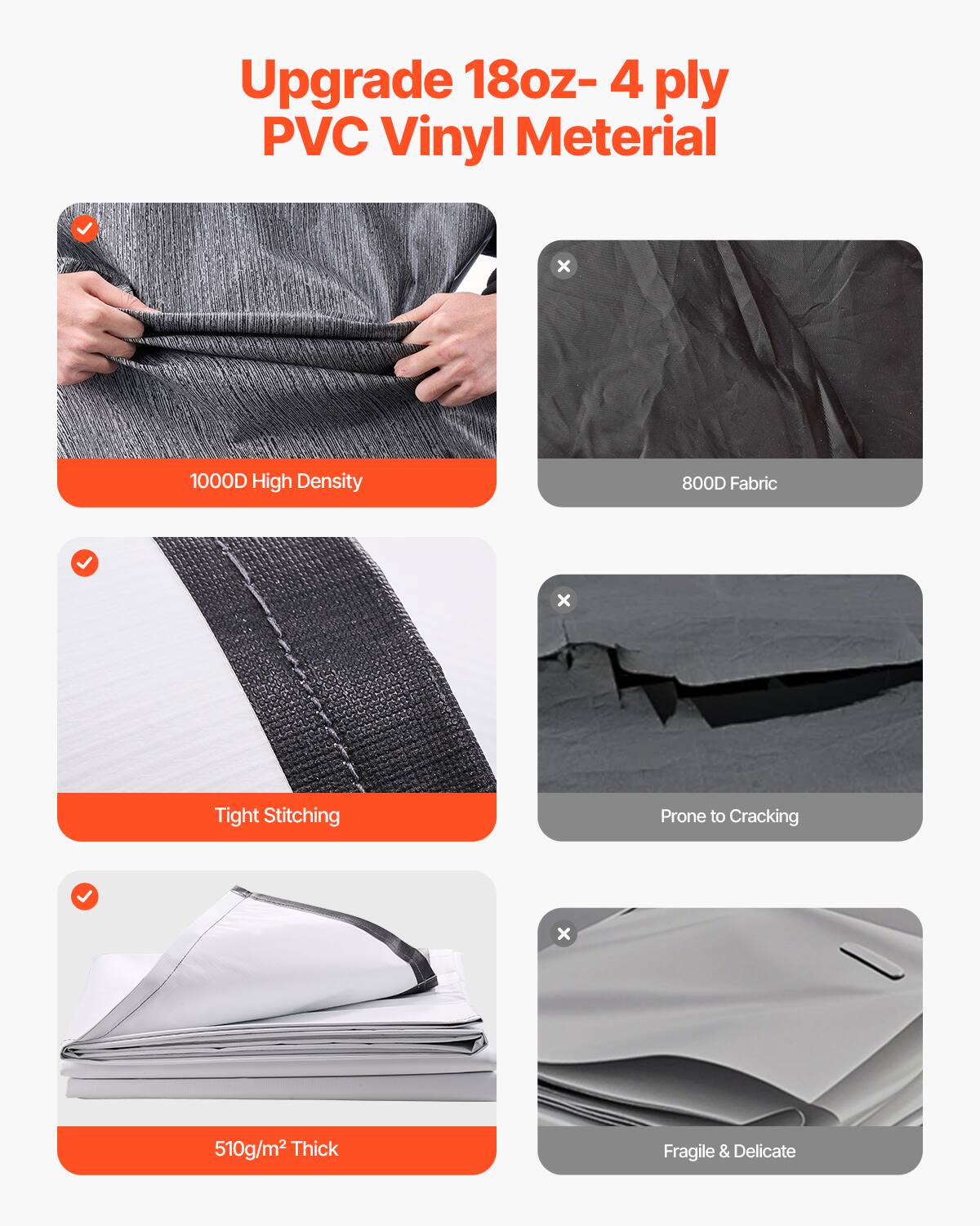 Upgrade 18oz- 4 ply PVC Vinyl Material

- 1000D High Density
- Tight Stitching
- 510g/m² Thick

- 800D Fabric
- Prone to Cracking
- Fragile & Delicate