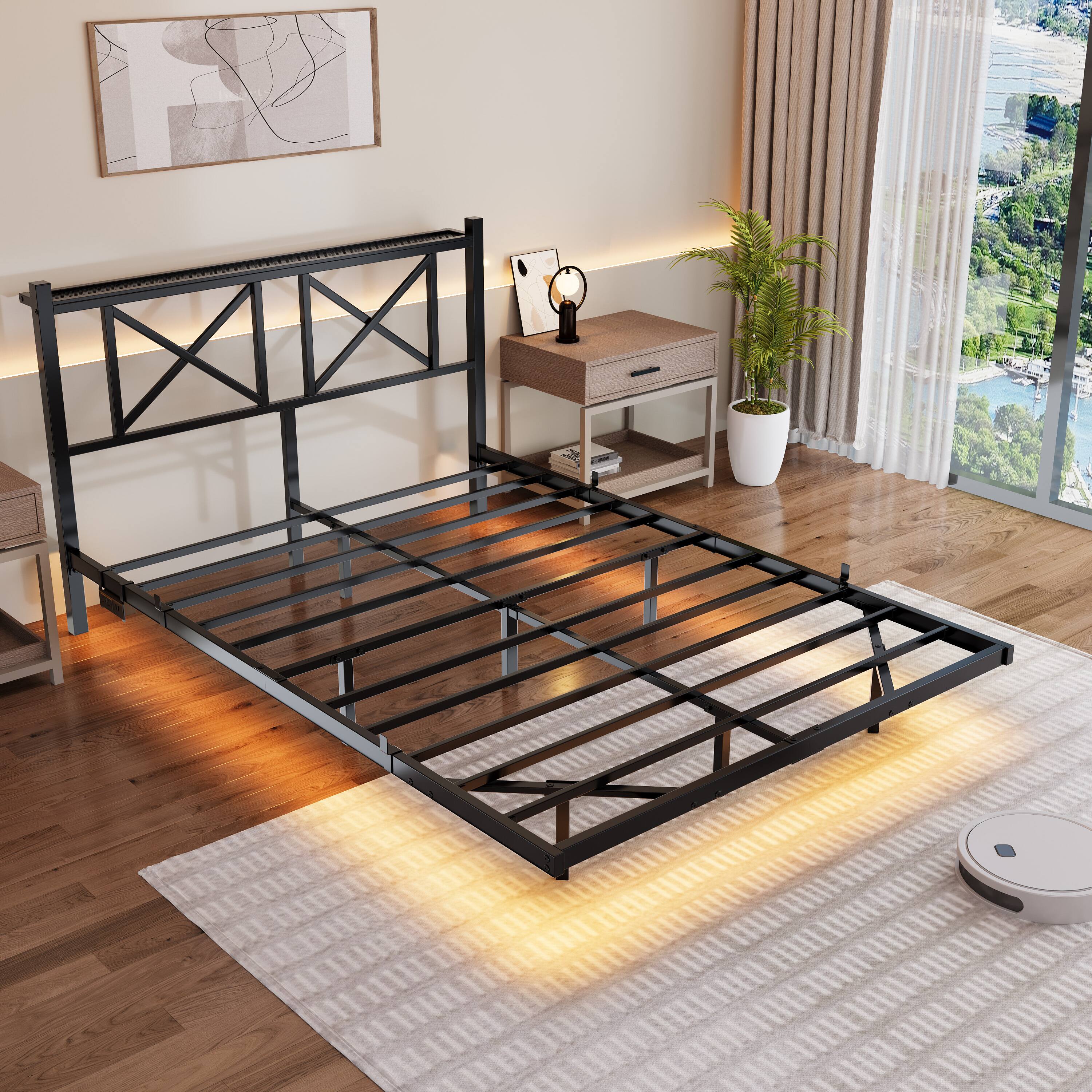 Back. LUCKY ONE - Full Size Floating Bed Frame with Headboard and Storage, USB Charging Station and LED Lights - Black.
