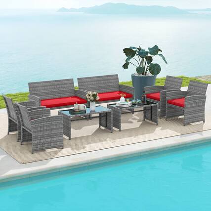 Front. Gymax - Gymax 2PCS 4 Piece Patio Furniture Set Outdoor Wicker Conversation Set w/ Tempered Glass Coffee Table - Red.