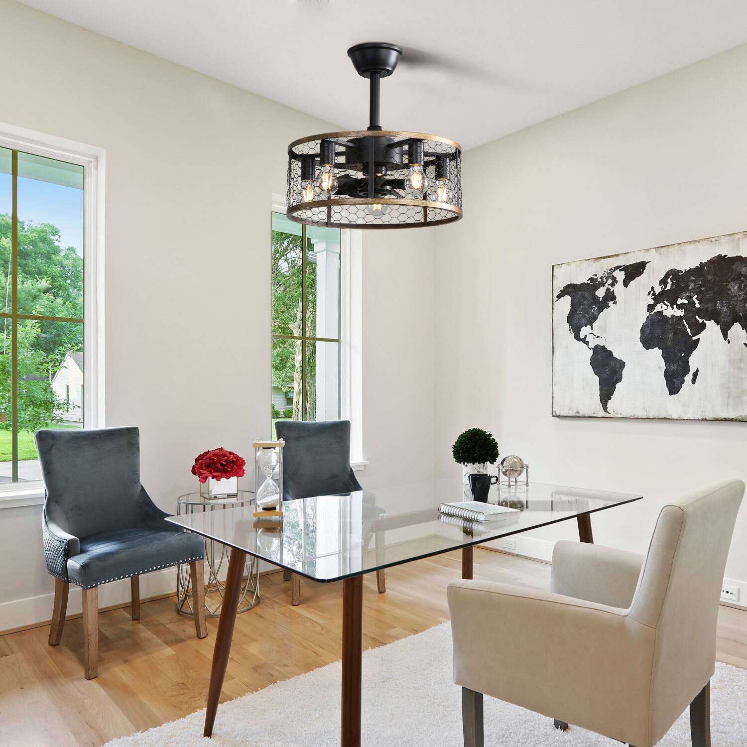 Alt View 2. Akoasm - 20" Black Cage Ceiling Fan with Remote & Light, 7 ABS Blade Industrial Fan, DC Motor with Timer.