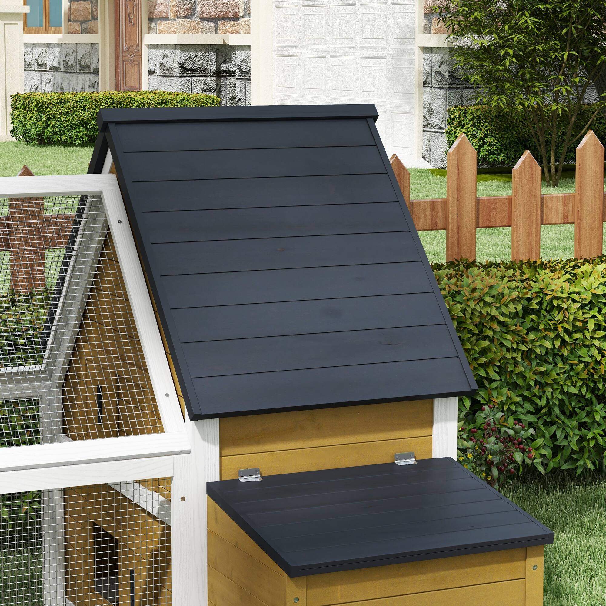 Alt View 5. Pawhut - 65" Chicken Coop Wooden with Detachable Run, Nesting Box, Removable Tray, Roosting Bars, Ramp, Backyard.