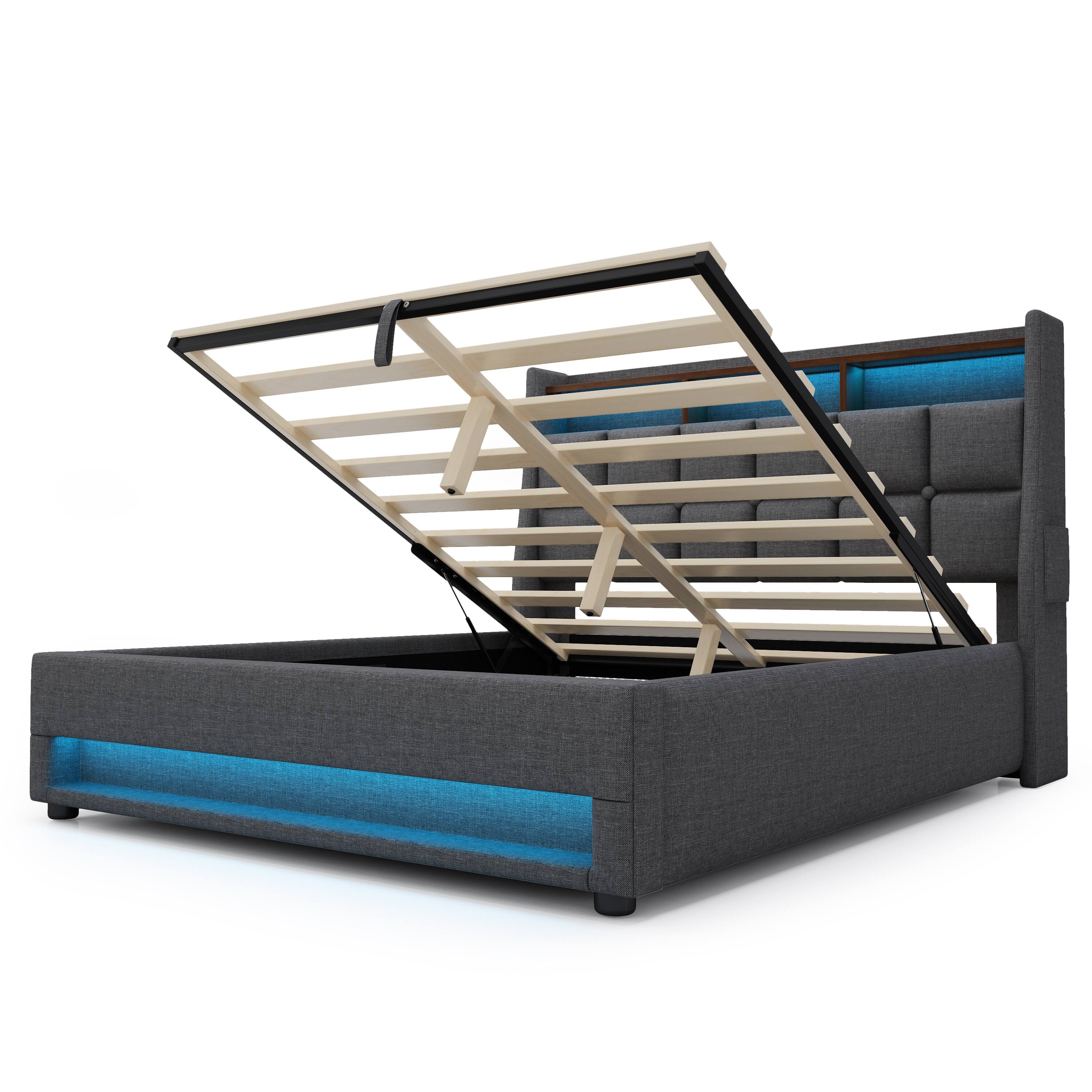 Back. Anysun - Queen Size Upholstered Platform Bed - Hydraulic Storage, LED, Charging Station, No Box Spring, Easy Assembly - Grey.