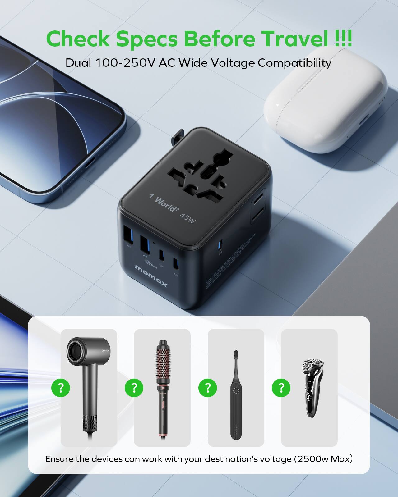Check Specs Before Travel!!!

Dual 100-250V AC Wide Voltage Compatibility

1 World² 45W

Ensure the devices can work with your destination's voltage (2500w Max)