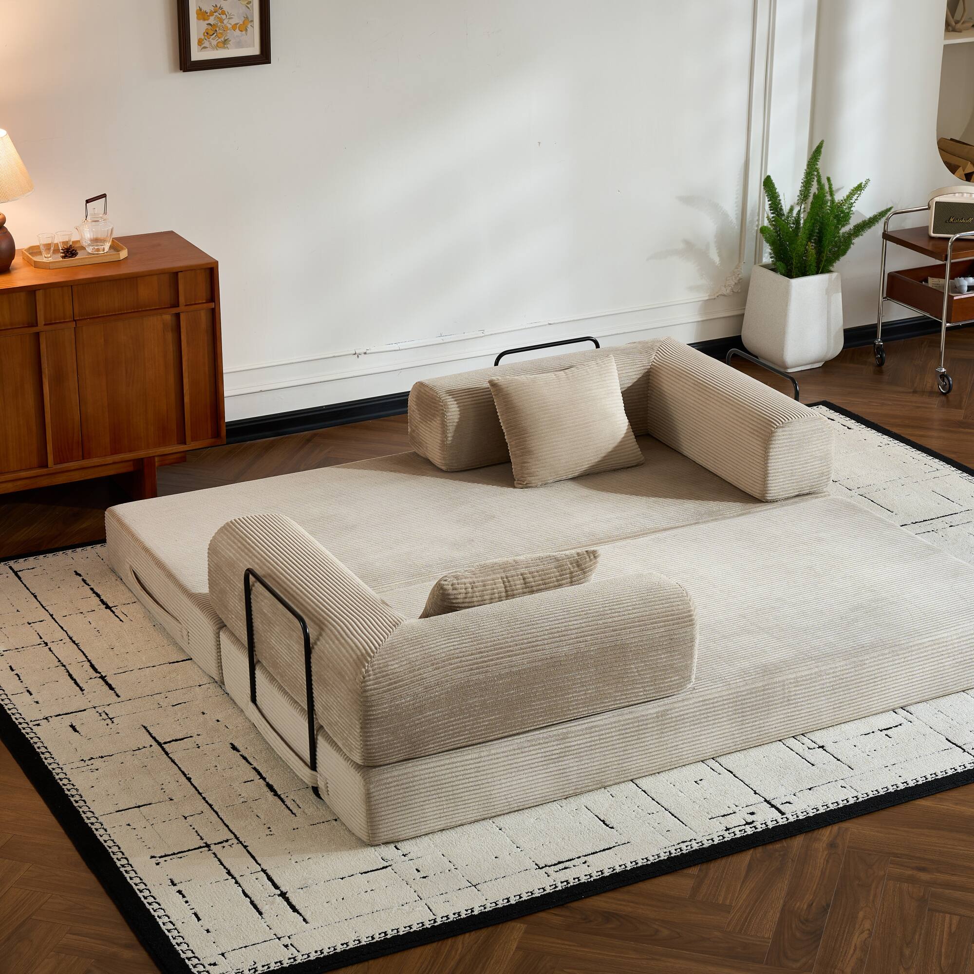 Alt View 4. GOODSILO - Convertible Sleeper Sofa in Cylindroy Fabric | Features a Cylindrical Pillow & Space-Saving Foldable Design - Beige.