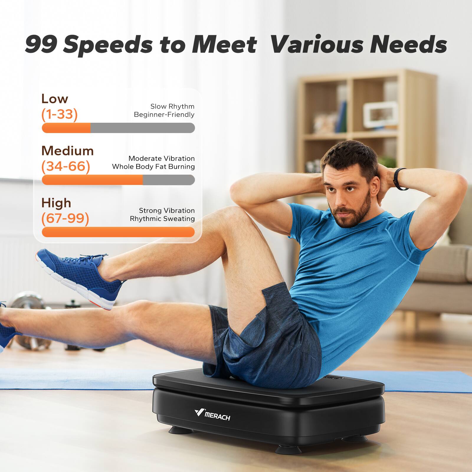 99 Speeds to Meet Various Needs

Low (1-33)  
Slow Rhythm  
Beginner-Friendly

Medium (34-66)  
Moderate Vibration  
Whole Body Fat Burning

High (67-99)  
Strong Vibration  
Rhythmic Sweating

MERACH