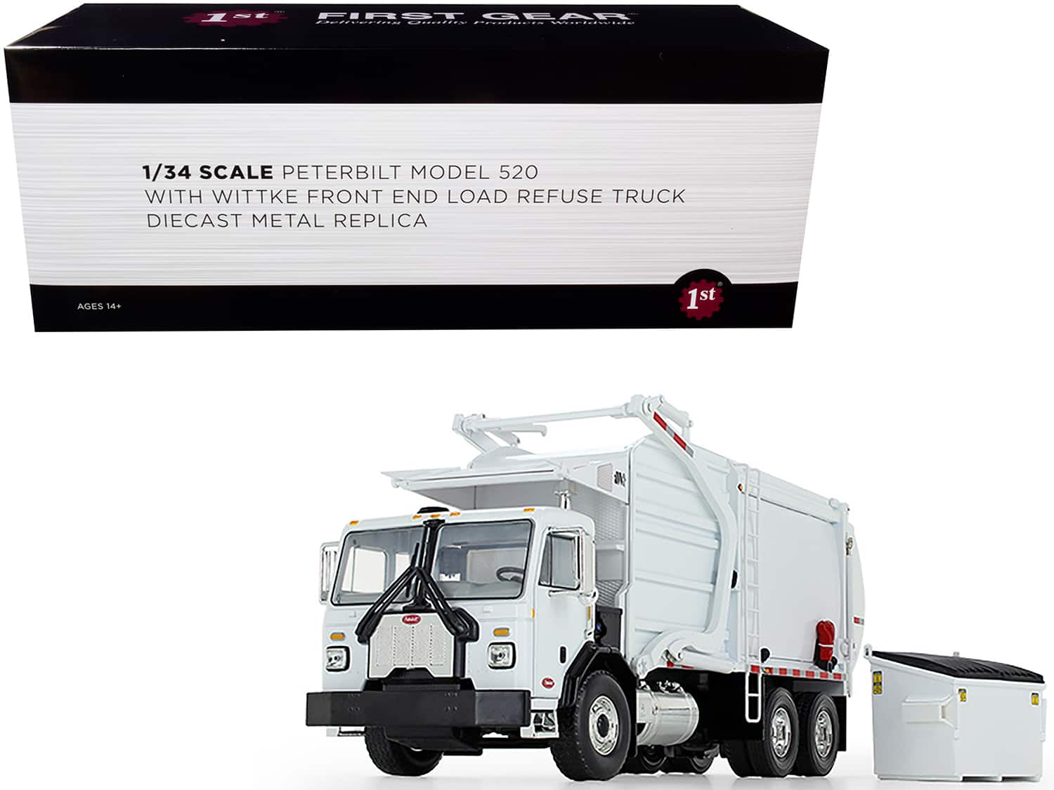 Peterbilt 520 Garbage Truck with Wittke Front End Load Refuse and Trash Bin White 1/34 Diecast Model by First Gear price history on PriceWatchPro