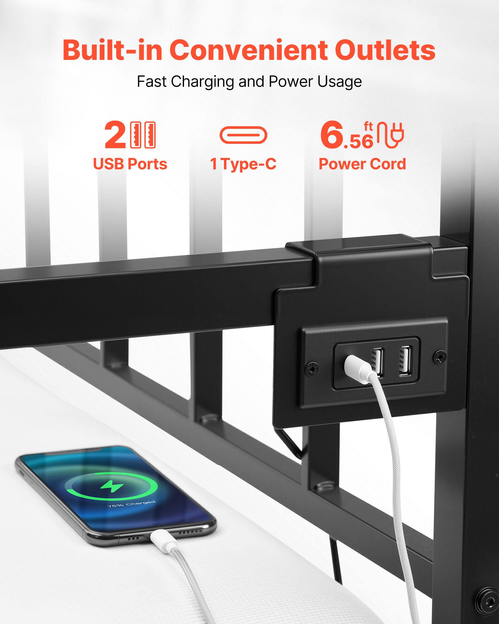 Built-in Convenient Outlets  
Fast Charging and Power Usage  

2 USB Ports  
1 Type-C  
6.56 ft Power Cord
