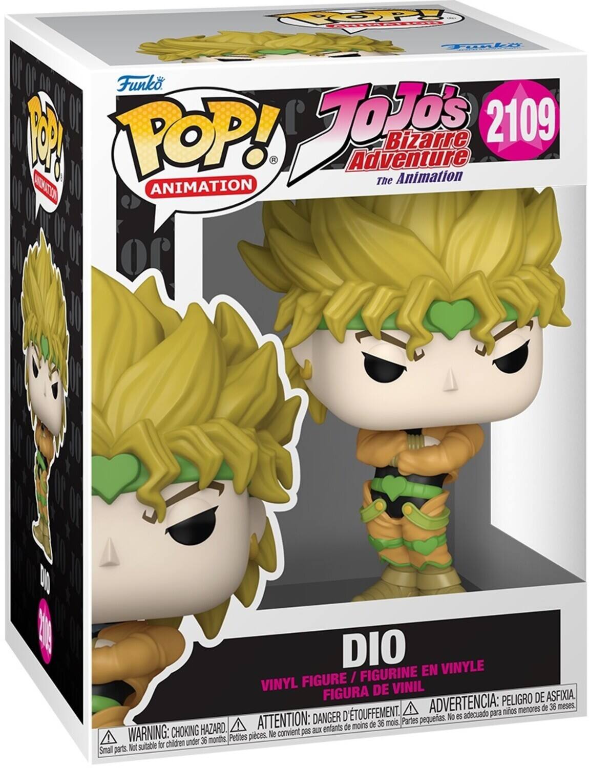 Sure, here is the corrected and grouped text from the image:

---

**Funko POP! Animation**

**JoJo's Bizarre Adventure The Animation**

**2109**

**DIO**

**VINYL FIGURE / FIGURINE EN VINYLE / FIGURA DE VINIL**

**WARNING: CHOKING HAZARD. Small parts. Not suitable for children under 36 months.**

**ATTENTION: DANGER D'ÉTOUFFEMENT. Petites pièces. Ne convient pas aux enfants de moins de 36 mois.**

**ADVERTENCIA: PELIGRO DE ASFIXIA. Partes pequeñas. No es adecuado para niños menores de 36 meses.**

---

This text is from the packaging of a Funko Pop! vinyl figure from "JoJo's Bizarre Adventure The Animation" series, featuring the character Dio.