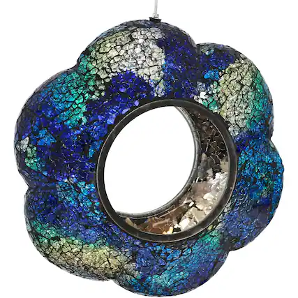 Front. Sunnydaze - Glass Fly-Through Hanging Bird Feeder - 10 in - Indigo Flower Mosaic.