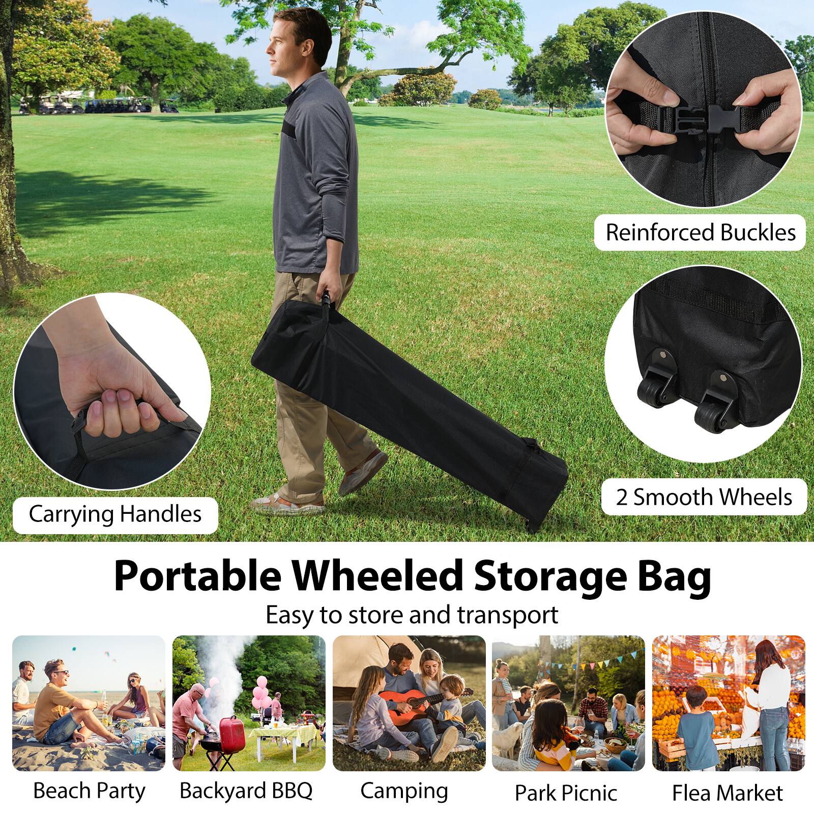 Reinforced Buckles, 2 Smooth Wheels, Carrying Handles, Portable Wheeled Storage Bag, Easy to store and transport, Beach Party, Backyard BBQ, Camping, Park Picnic, Flea Market.