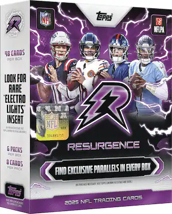 NFL 8 tppS 7 NFLPA 48 CARDS PER BOX LOOK FOR RARE "ELECTRO LIGHTS" INSERT (NO PURCHASE NECESSARY. VISIT TOPPS.COM/NPN FOR DETAILS AND ENTRY) 6 PACKS PER BOX 8 CARDS PER PACK (OPPS PACKS WITH A SPECIAL INSERT MAY CONTAIN LESS CARDS.) 2025 NFL TRADING CARDS