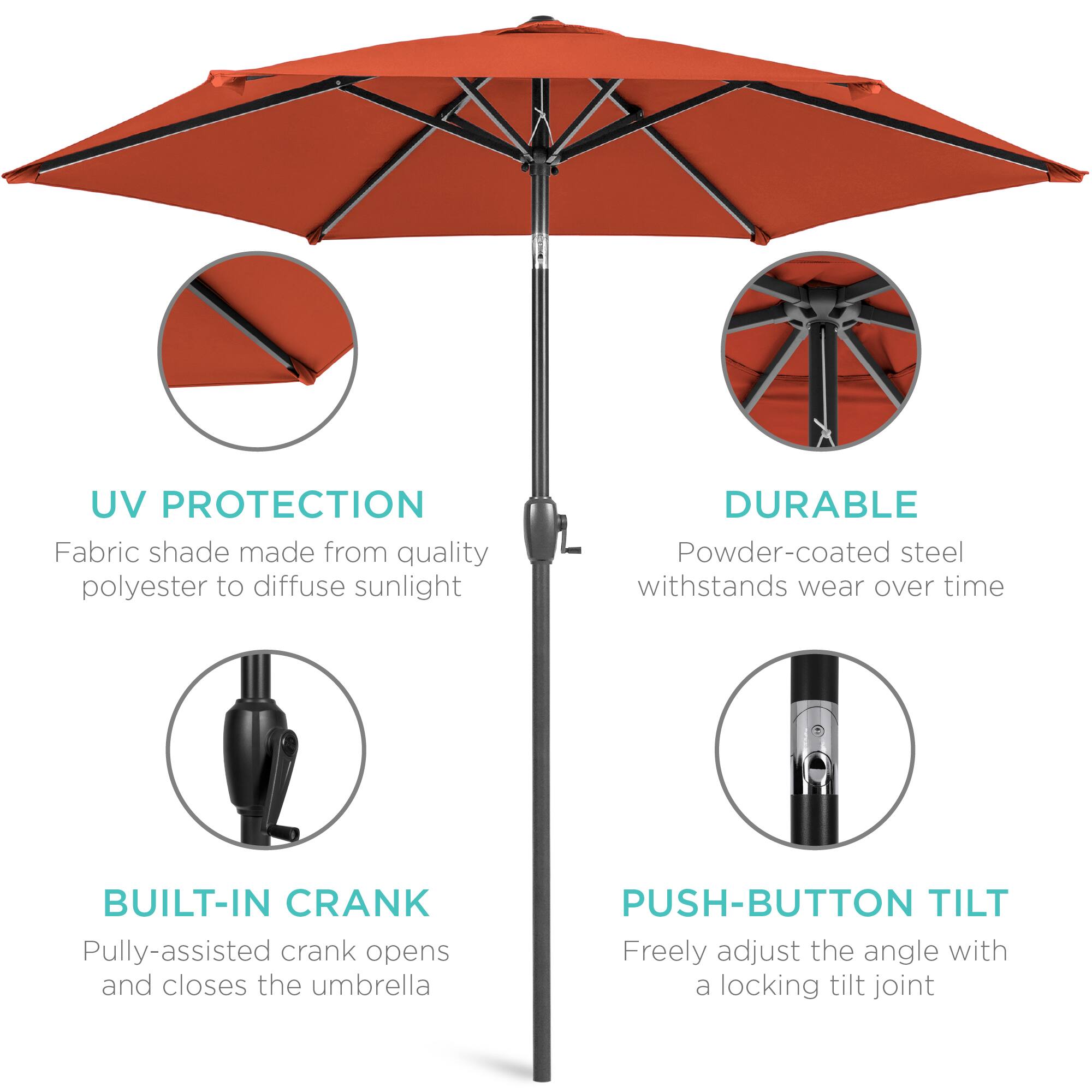 - **UV PROTECTION**  
  Fabric shade made from quality polyester to diffuse sunlight

- **DURABLE**  
  Powder-coated steel withstands wear over time

- **BUILT-IN CRANK**  
  Pulley-assisted crank opens and closes the umbrella

- **PUSH-BUTTON TILT**  
  Freely adjust the angle with a locking tilt joint