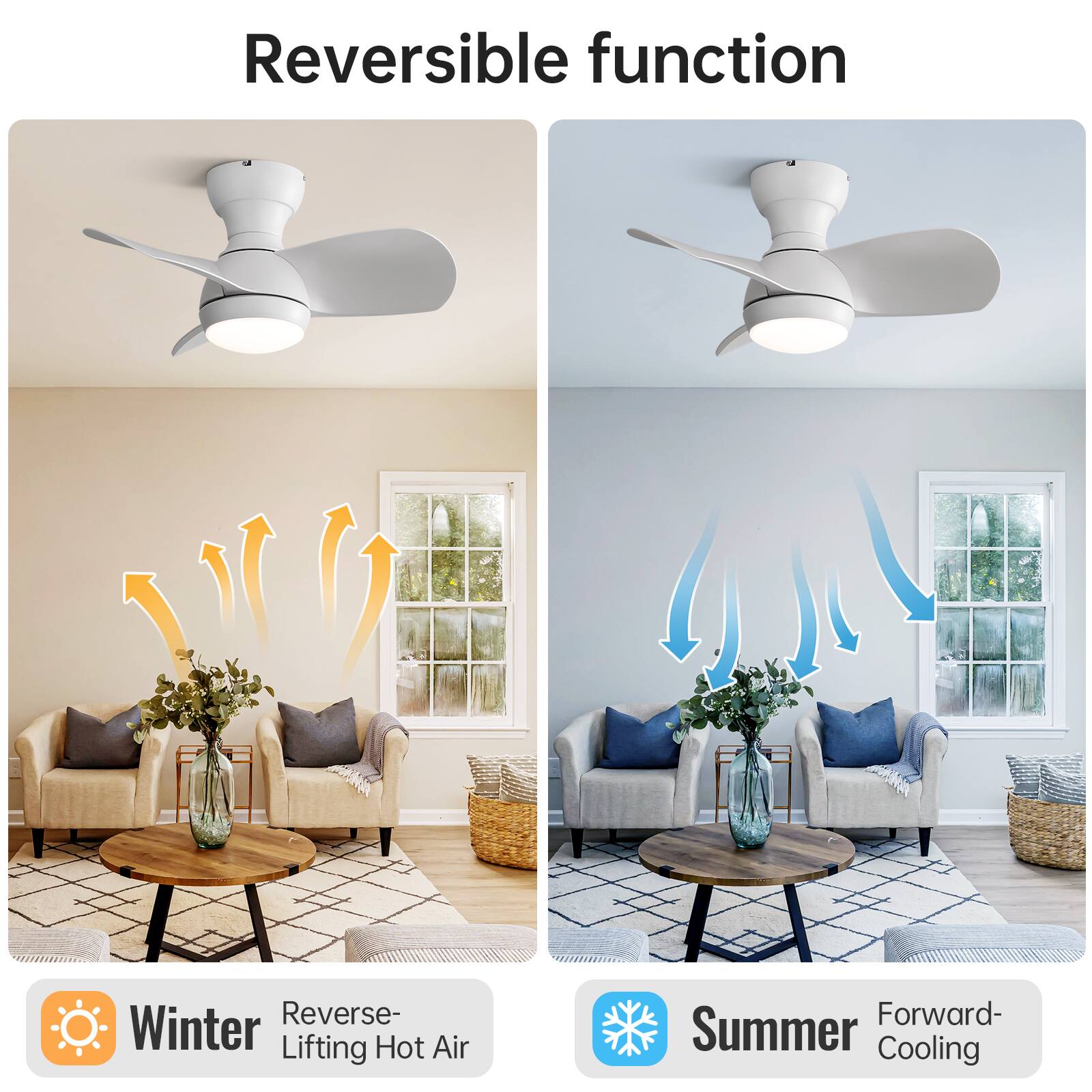 Reversible function

Reverse- Winter Lifting Hot Air  
Forward- Summer Cooling