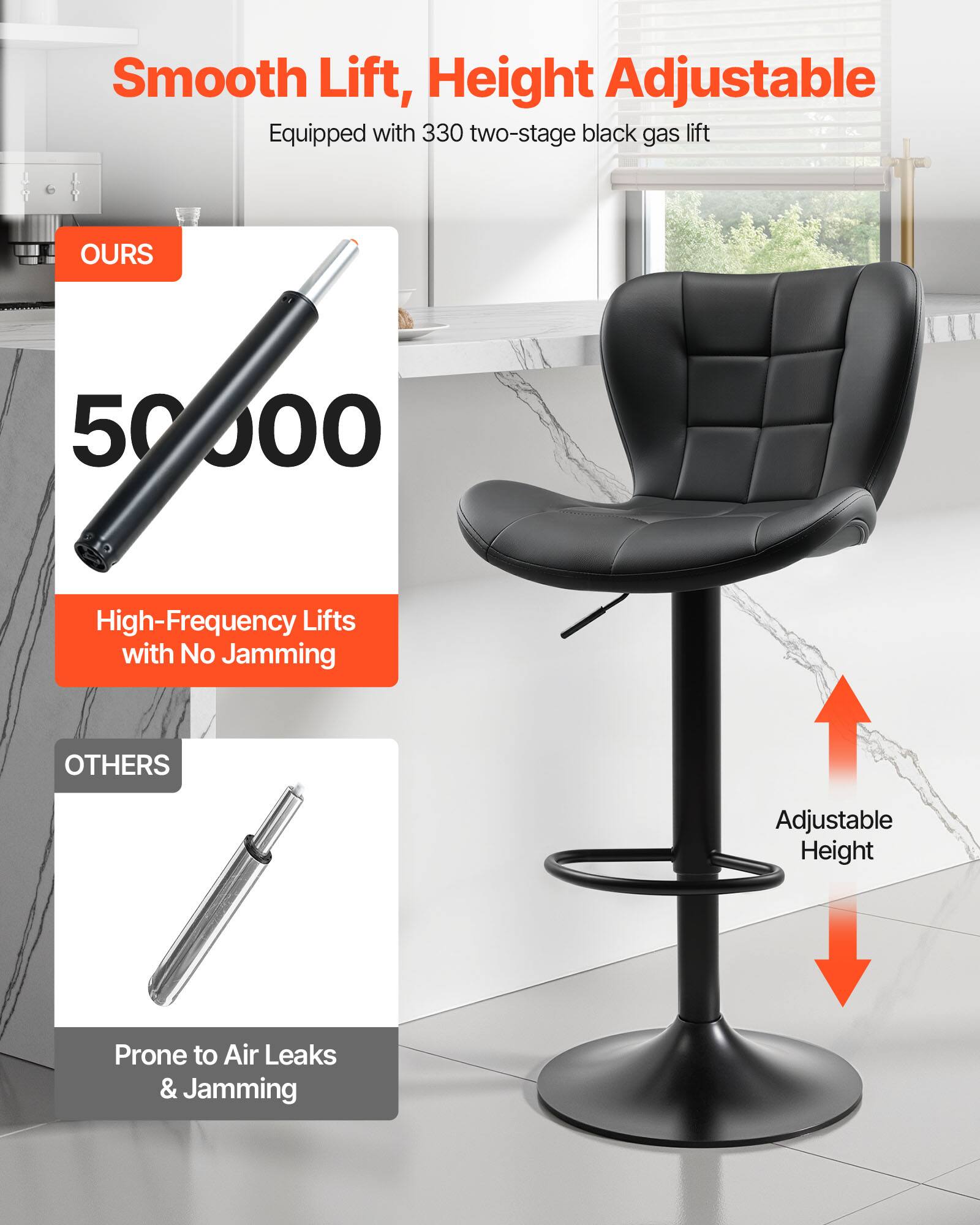 Smooth Lift, Height Adjustable  
Equipped with 330 two-stage black gas lift  

OURS  
50,000  
High-Frequency Lifts with No Jamming  

OTHERS  
Prone to Air Leaks & Jamming  

Adjustable Height