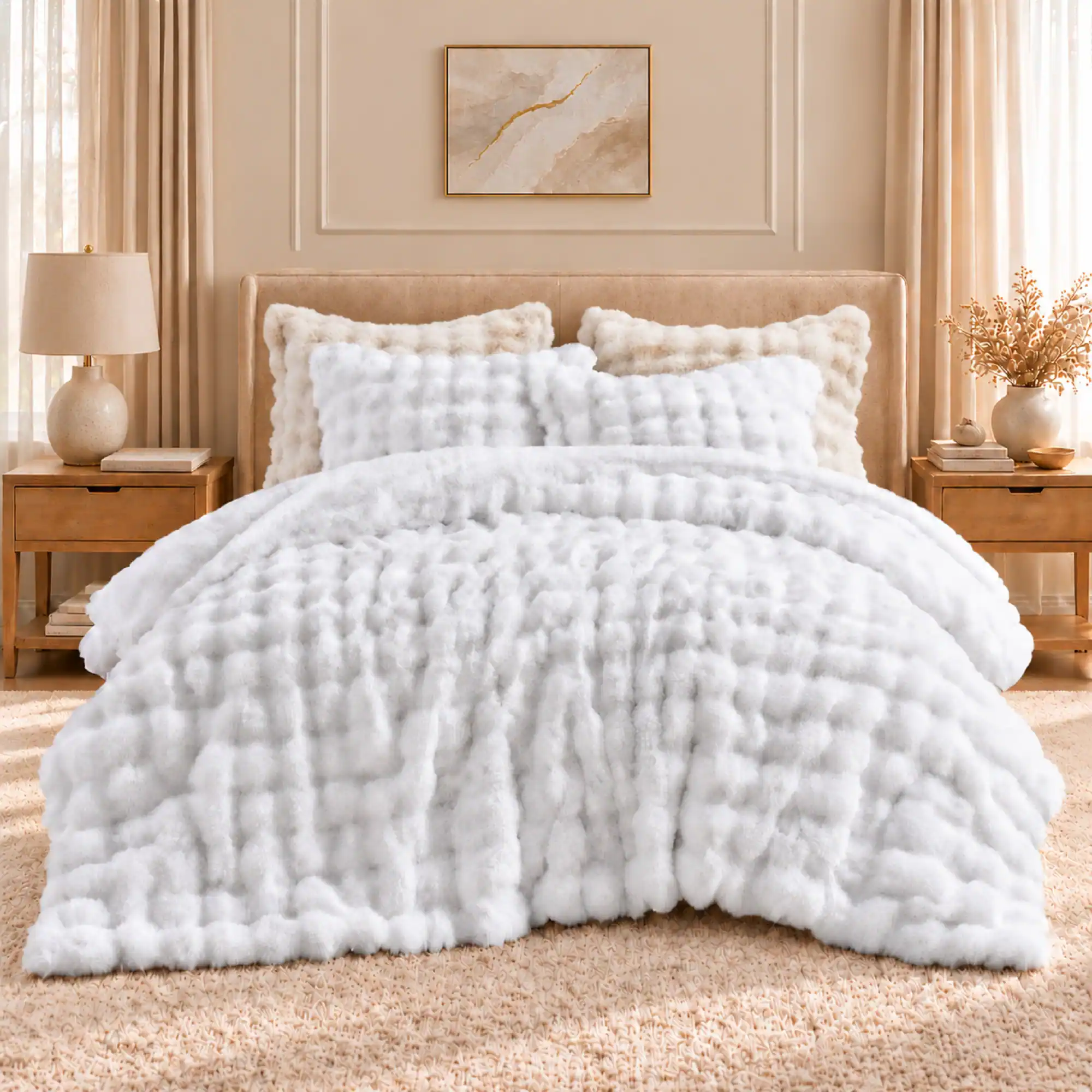 Angle. Peace Nest - Peace Nest Ultra-Soft Faux Fur Comforter Set with Plush Tie-Dye & Reversible Sherpa, White, Queen - White.