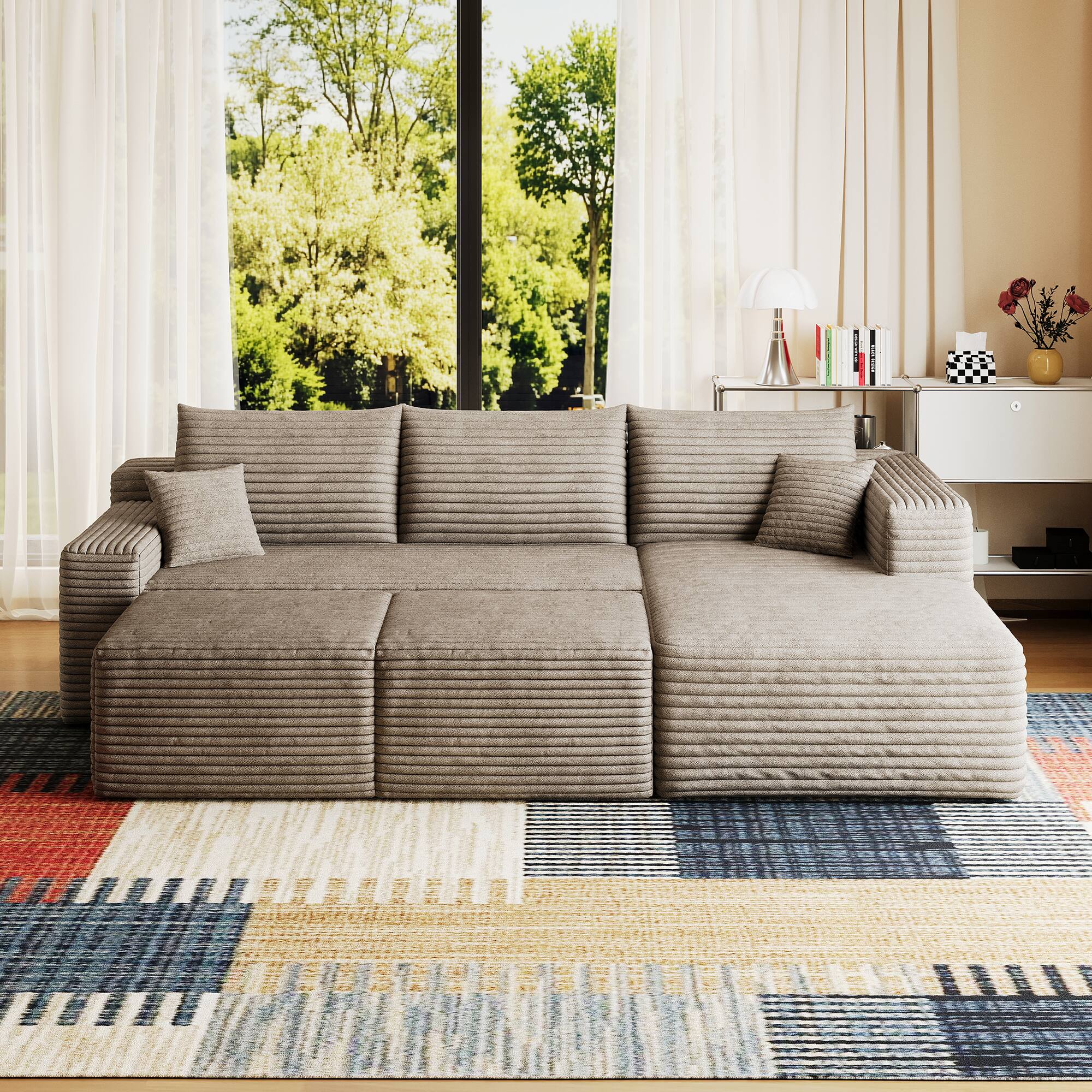 Angle. Whisen - 95" U-Shaped Modular Sectional Sofa with 2 Ottomans, Plush Corduroy Fabric Deep Seat Corner Couch - Camel.