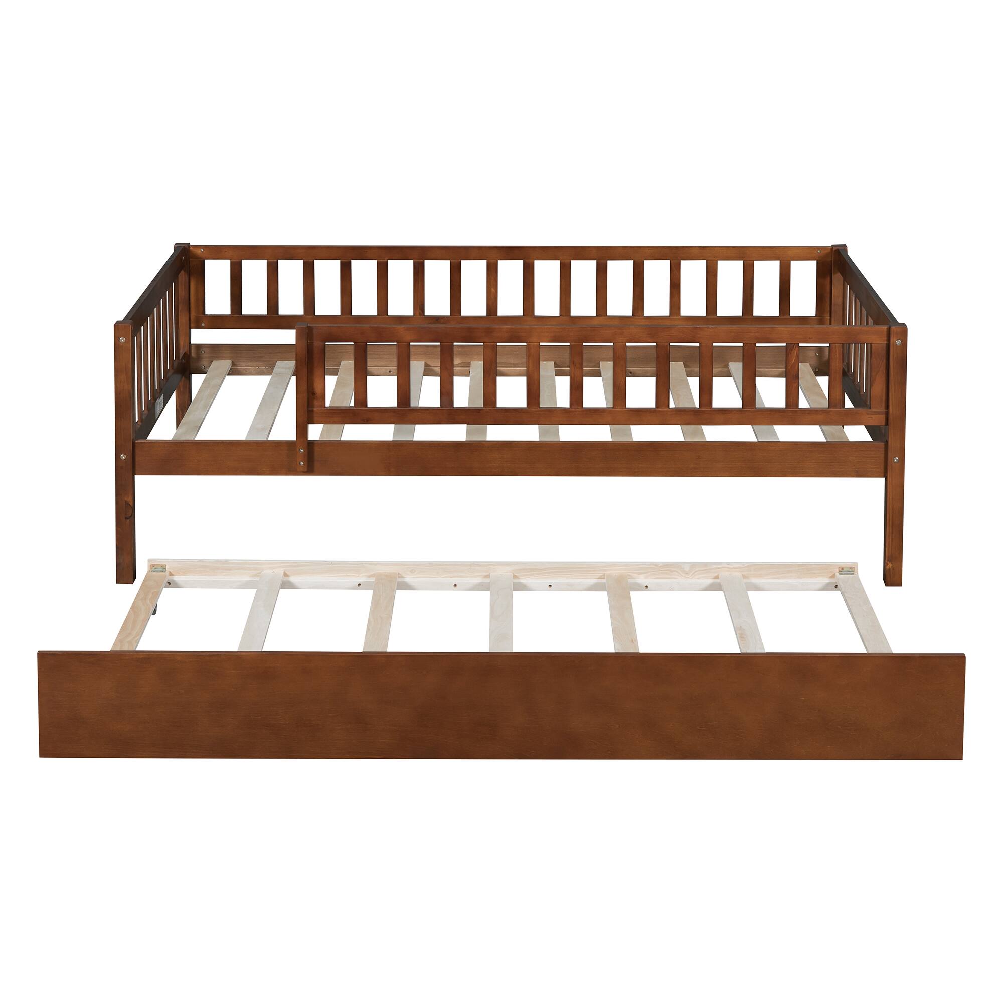 Alt View 8. Tiramisubest - Twin Size Wood Daybed with Trundle and Fence Guardrails, Walnut - Walnut.