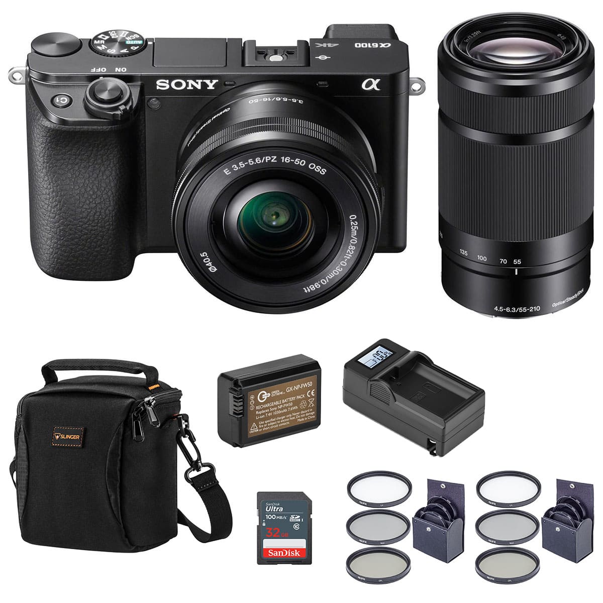 Bundle - Sony - Alpha A6100 Mirrorless Digital Camera, with 16-50mm and 55-210mm Lens (Black) Basic with Filter Kit,
