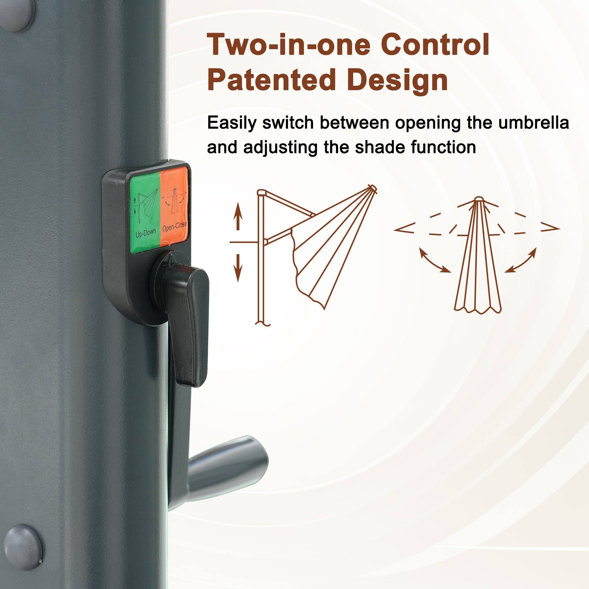 Two-in-one Control  
Patented Design  

Easily switch between opening the umbrella and adjusting the shade function  

Open-Close  
Up-Down