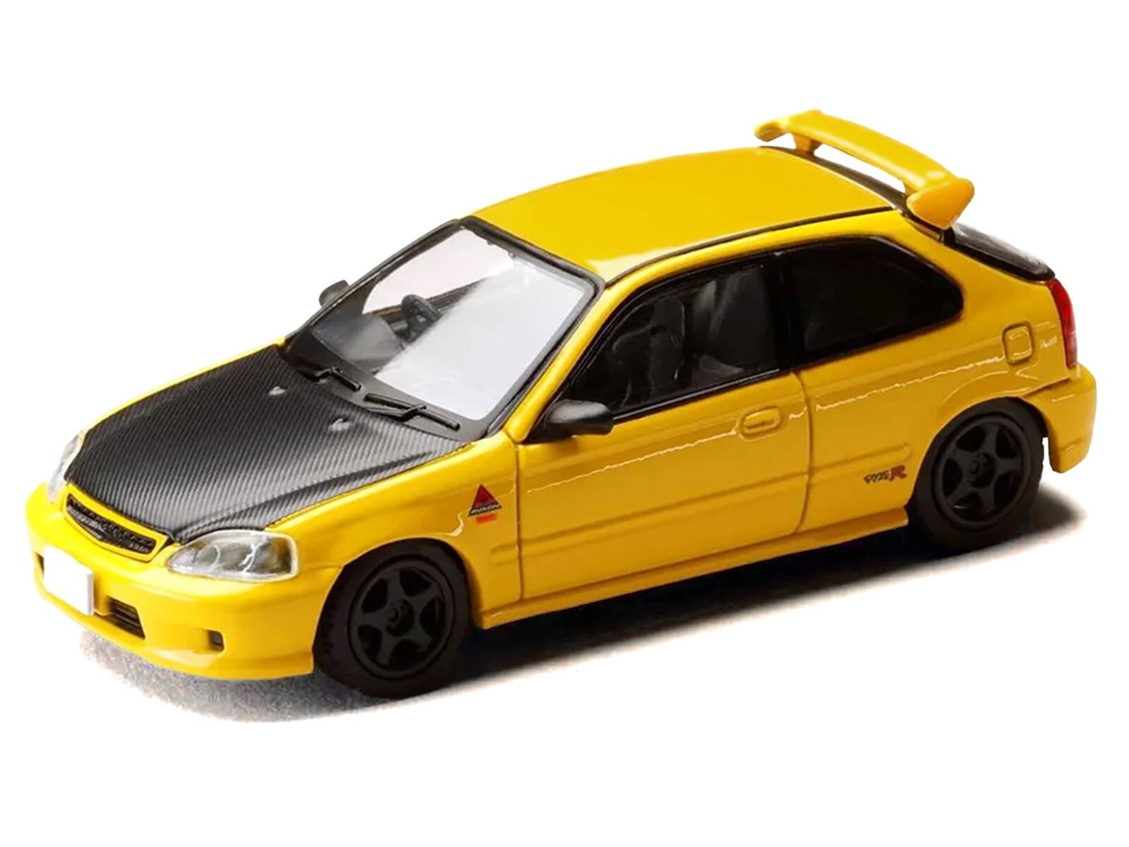 Alt View 3. Hobby Japan - Honda Civic (EK9) RHD Yellow with Carbon Hood "Initial D" (1995-2013) Manga 1/64 Diecast Model Car by Hobby Japan.
