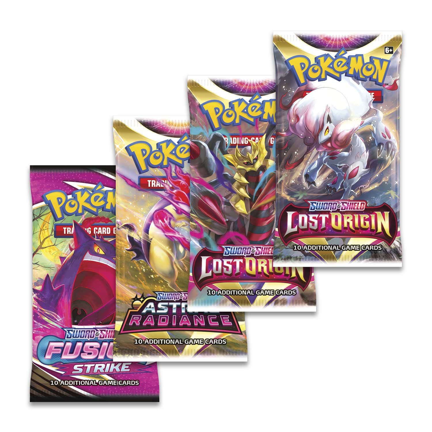 6+ Pokémon Trading Card Game  
Sword & Shield  
Lost Origin  
10 Additional Game Cards  

Sword & Shield  
Astro Radiance  
10 Additional Game Cards  

Sword & Shield  
Fusion Strike  
10 Additional Game Cards