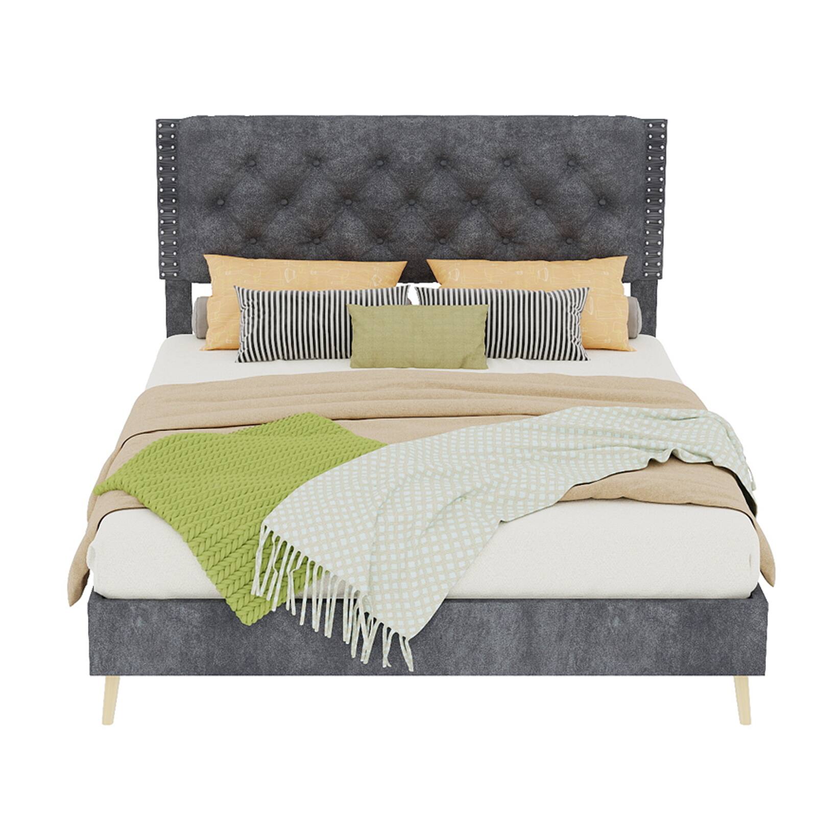 Left. Loheer - Loheer Full Size Gray Suede Bed Upholstered Platform Bed Frame with Soft Headboard Sturdy Structure - Grey.
