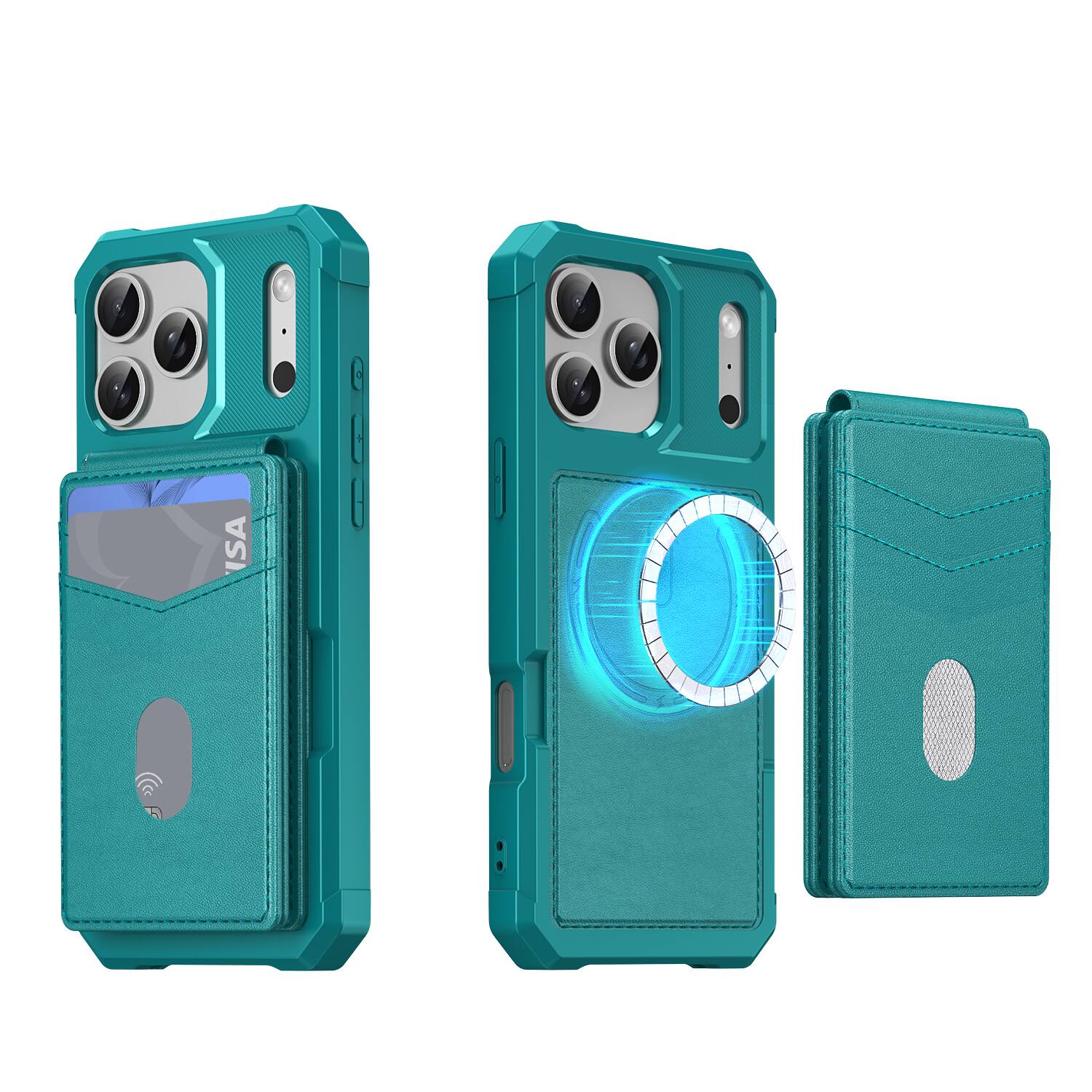 Angle. Dteck - For Apple iPhone 17 Pro Max 2-in-1 Magnetic Leather Flip Stand Wallet Case RFID Blocking Detachable Card Holder - Green.