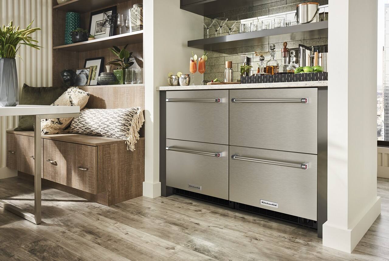 Back. KitchenAid - 4.40 Cu. Ft. Built-In Mini Fridge with Double-Drawer Refrigerator - Stainless Steel.