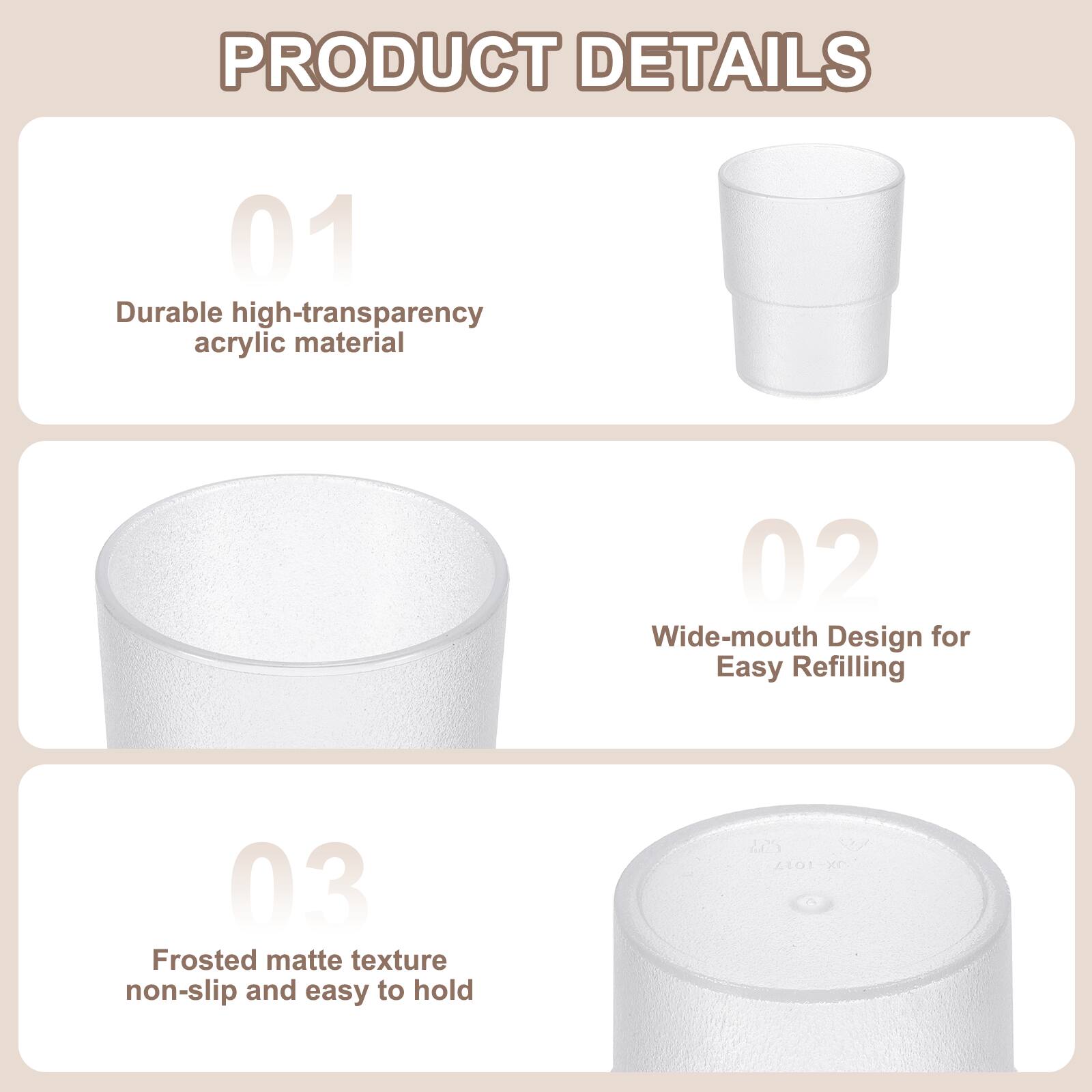 PRODUCT DETAILS

01 Durable high-transparency acrylic material

02 Wide-mouth Design for Easy Refilling

03 Frosted matte texture non-slip and easy to hold