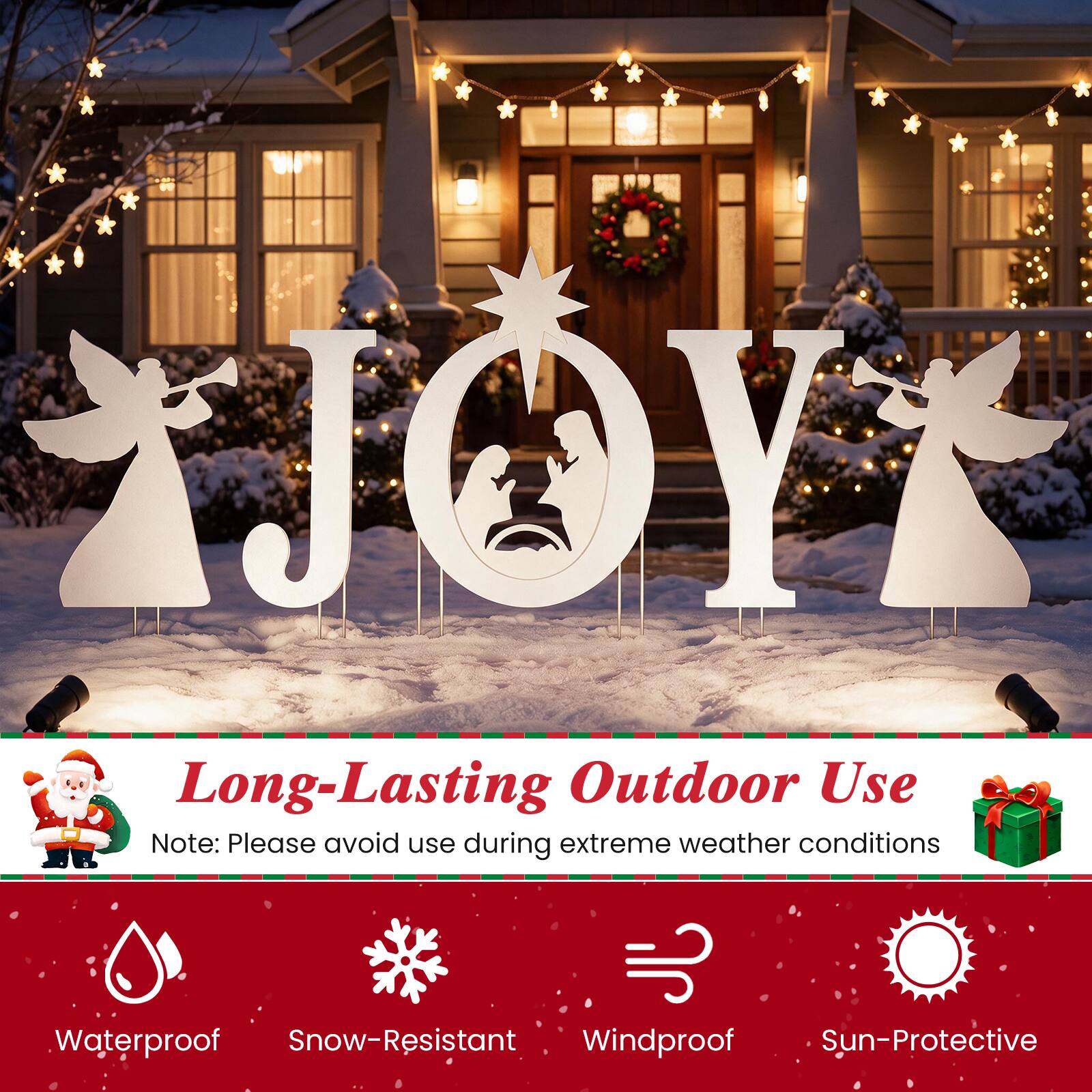 JOY Long-Lasting Outdoor Use  
Note: Please avoid use during extreme weather conditions  
Waterproof Snow-Resistant Windproof Sun-Protective