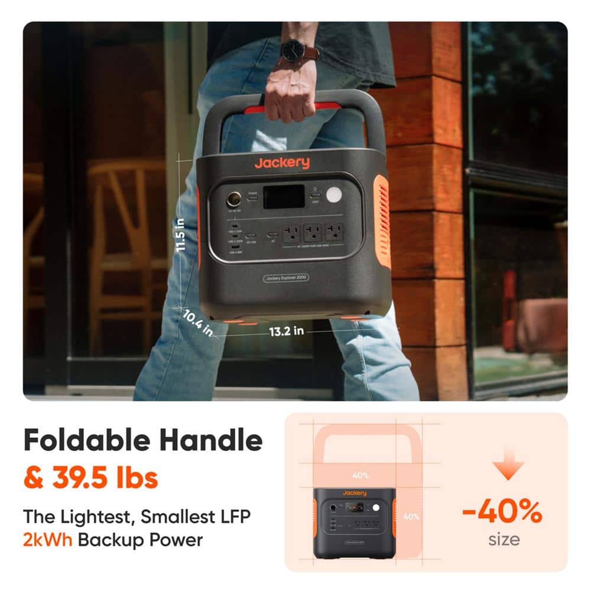 Jackery is a portable power bank that weighs 39.5 lbs and has a foldable handle for easy carrying. It is the lightest and smallest LFP 2kWh backup power available, making it a convenient and compact option for those who need a portable power source. The product is advertised with a 40% discount, making it an affordable option for customers.