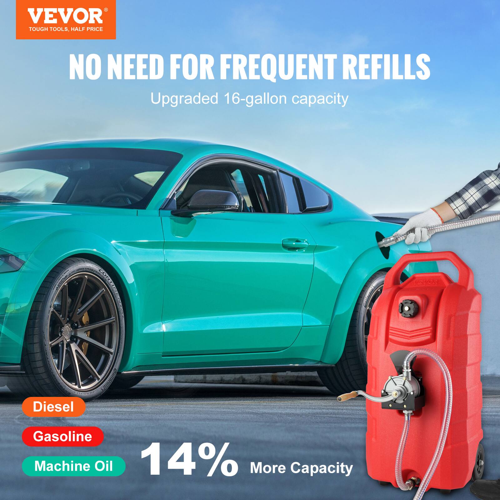 VEVOR TOUGH TOOLS. HALF PRICE NO NEED FOR FREQUENT REFILLS Upgraded 16-gallon capacity 14% More Capacity Diesel Gasoline Machine Oil