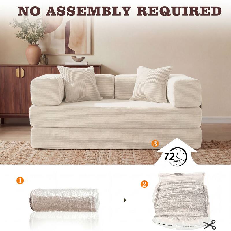 NO ASSEMBLY REQUIRED

1. [Image of a rolled-up item]
2. [Image of a folded item]
3. 72 HOUR

[Image of a sofa]