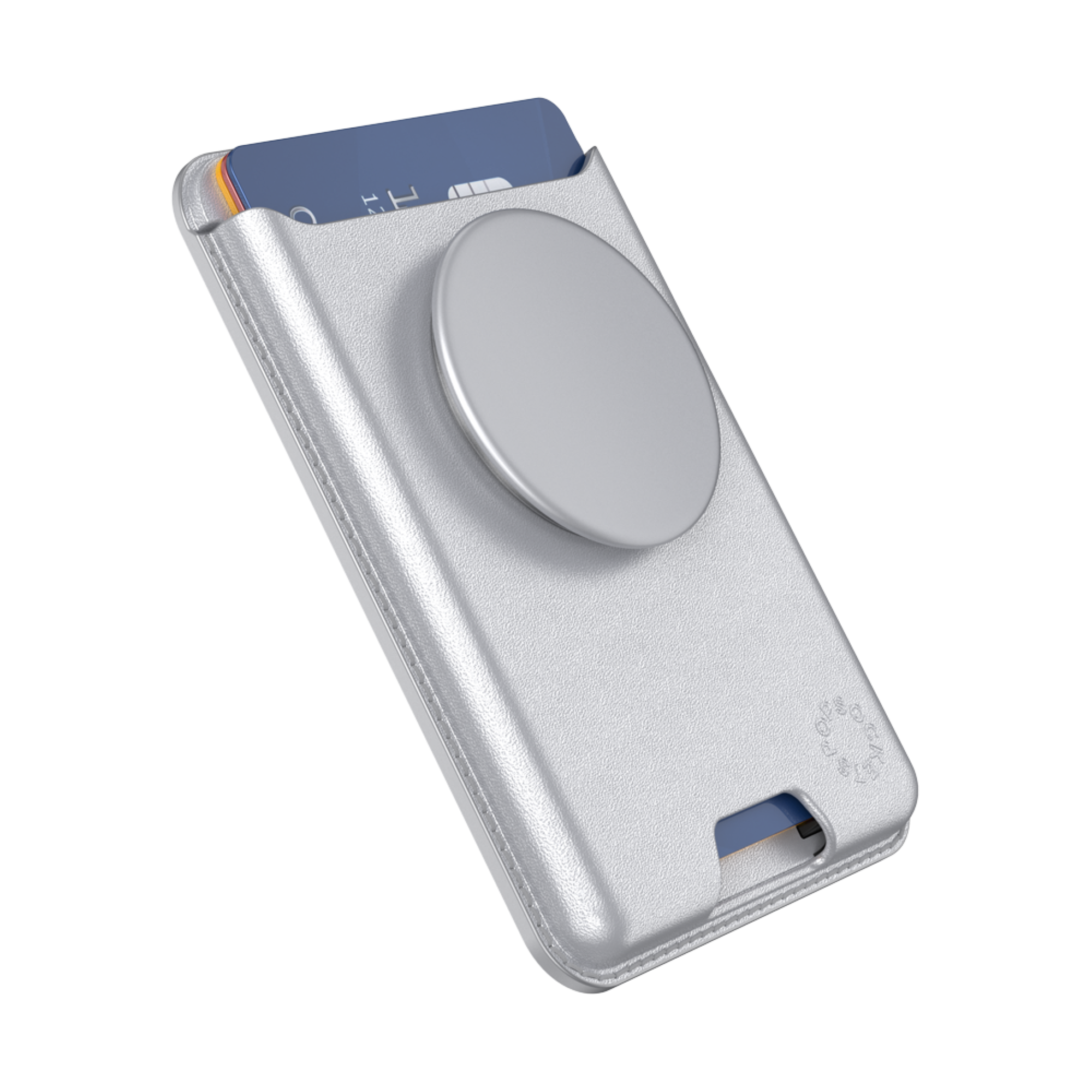 Front. PopSockets - MagSafe PopWallet Universal Magnetic Wallet & Grip with Adapter Ring for Cell Phones - Sliver leather; Aluminum top.