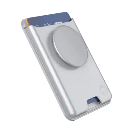 Front. PopSockets - MagSafe PopWallet Universal Magnetic Wallet & Grip with Adapter Ring for Cell Phones - Sliver leather; Aluminum top.