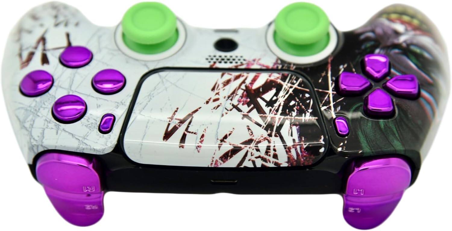 Back. Custom Controllerzz - Custom Wireless Controller for PS5 - Jokester & Purple Chrome Inserts.