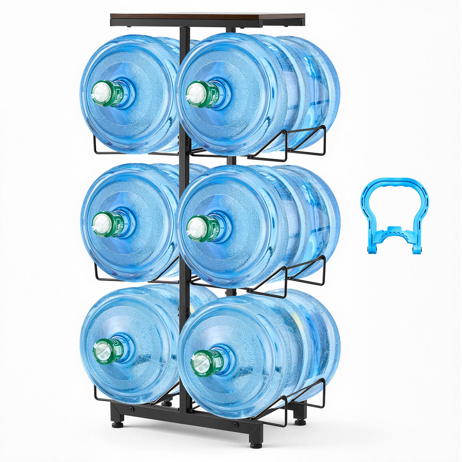 Front. VEVOR - Water Jug Holder, 4 Tiers Double Rows 3 and 5 Gallon Water Bottle Holder for 6 Bottles, Heavy Duty Jug Rack Organizer - Black.