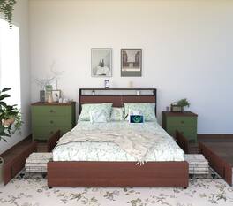 LUCKY ONE - Queen Size Bed Frame,Storage Headboard with Charging Station - Black,Red+Brown