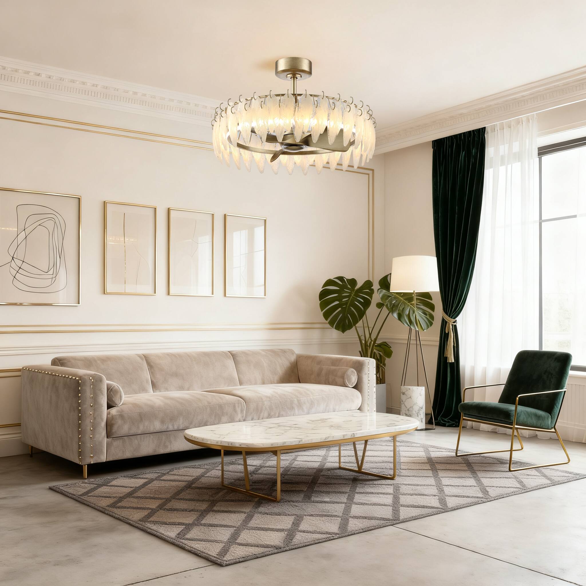 Back. Parrot Uncle - 32" French Elegant Antique silver Glass Feather LED Fandelier Ceiling Fan with Remote - Antique Silver.