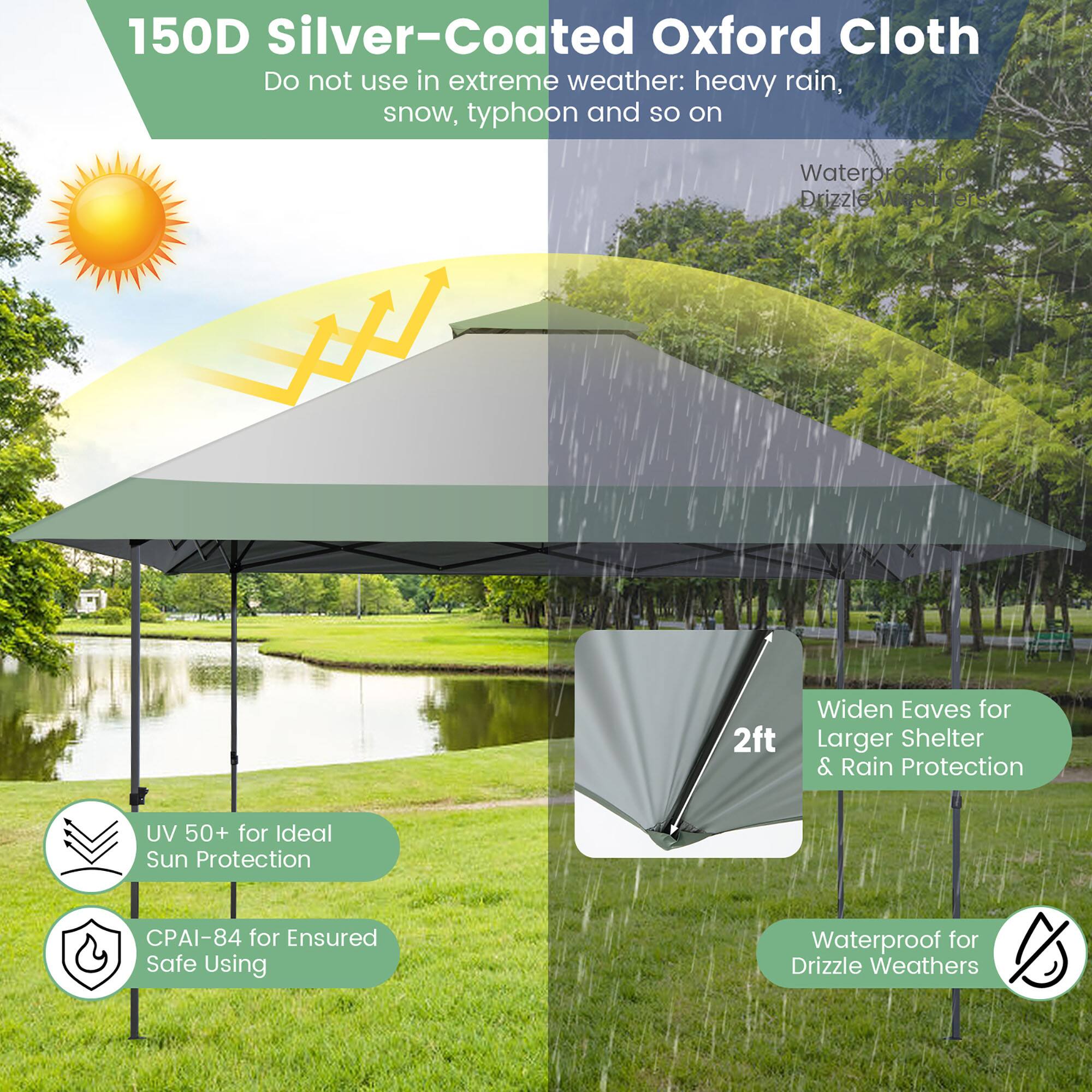 150D Silver-Coated Oxford Cloth
Do not use in extreme weather: heavy rain, snow, typhoon and so on
Waterproof for Drizzle Weathers
2ft Widen Eaves for Larger Shelter & Rain Protection
UV 50+ for Ideal Sun Protection
CPAI-84 for Ensured Safe Using
Waterproof Drizzle Arou ers