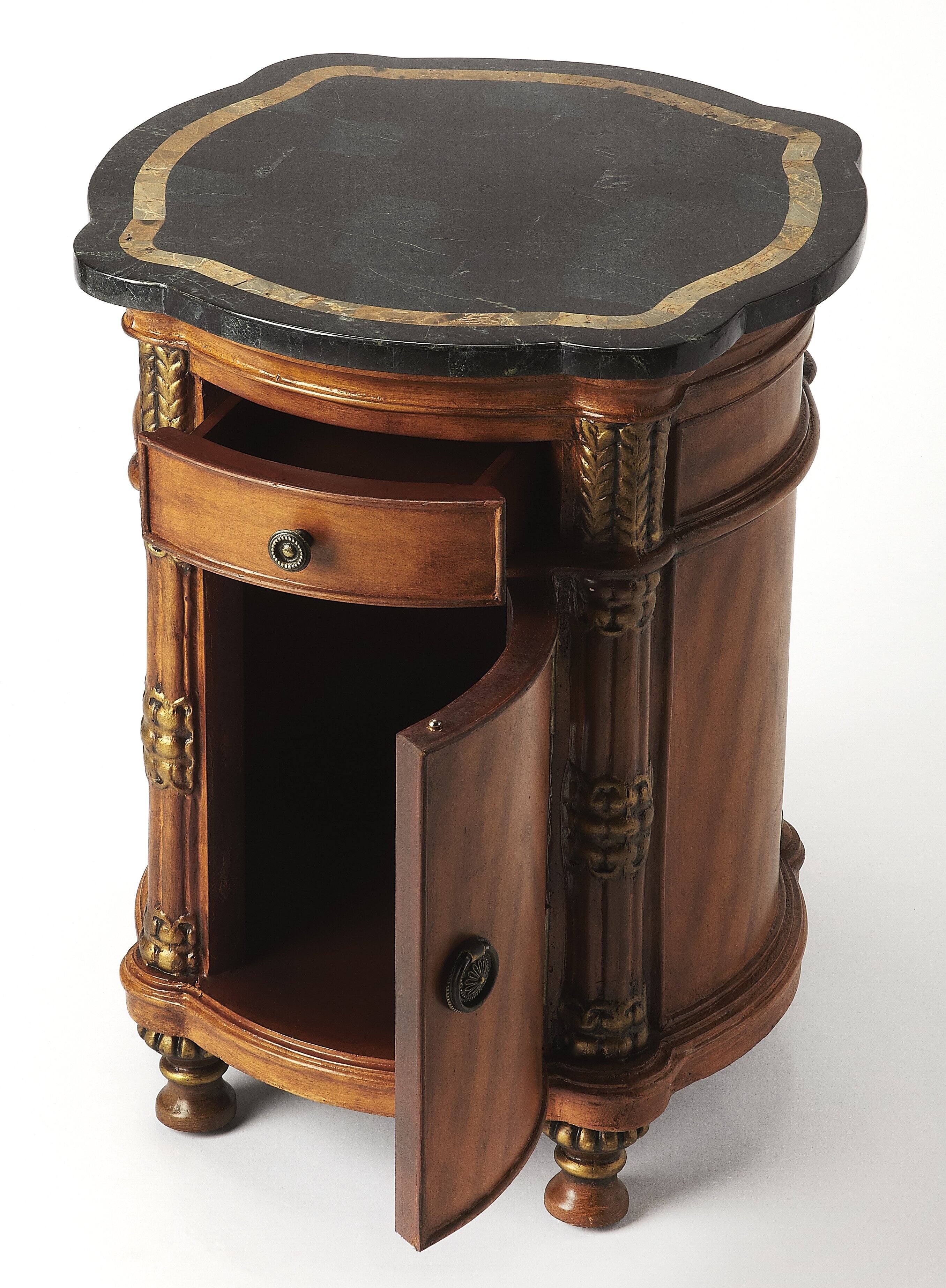 Alt View 1. Butler Specialty - Montero 20 in. W Round Fossil Stone and Wood 1 Drawer and 1 Door Drum Side Table - Multi-Color.