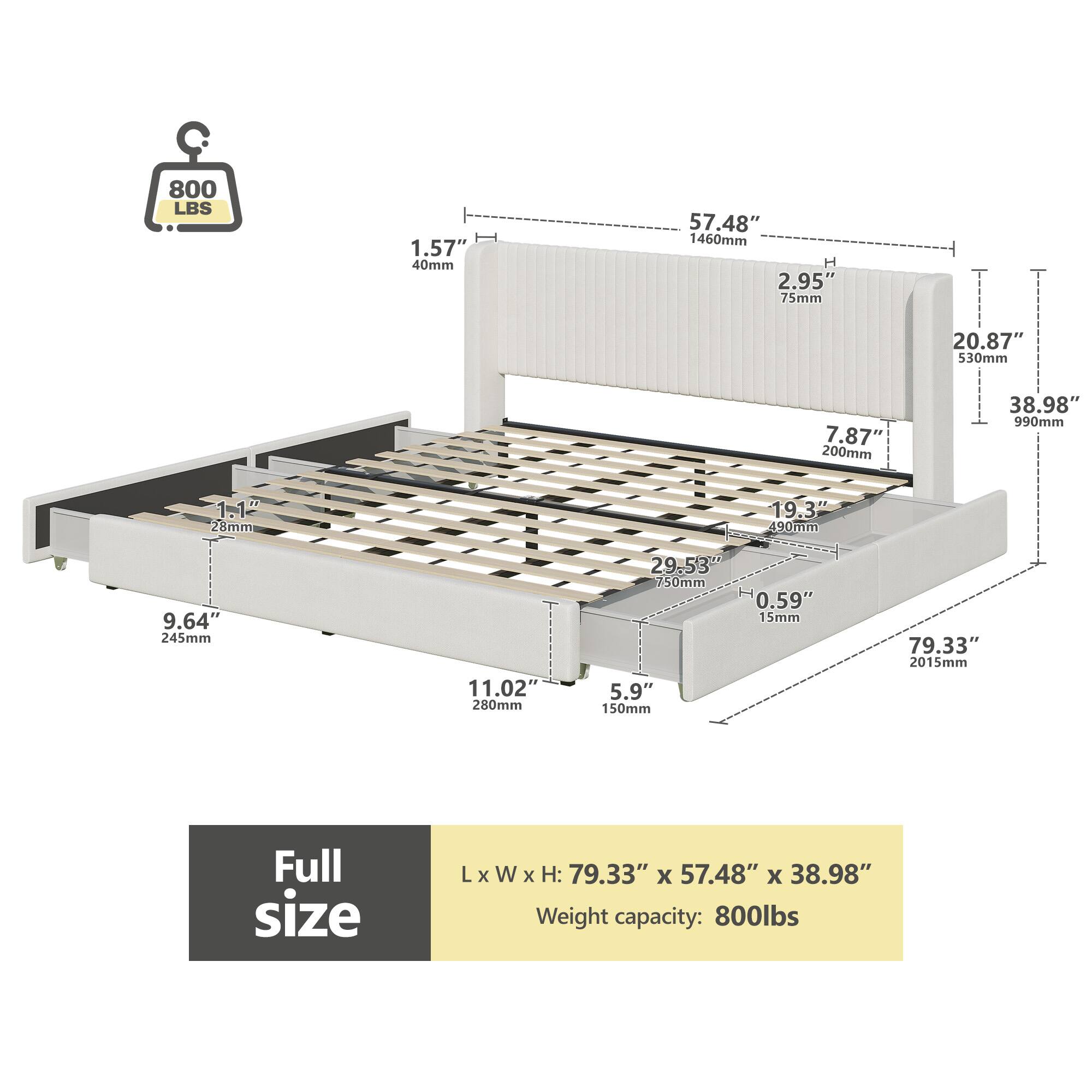 800 LBS  
1.57" (40mm)  
57.48" (1460mm)  
2.95" (75mm)  
20.87" (530mm)  
7.87" (200mm)  
38.98" (990mm)  
1.1" (28mm)  
19.3" (490mm)  
9.64" (245mm)  
11.02" (280mm)  
29.53" (750mm)  
5.9" (150mm)  
0.59" (15mm)  
79.33" (2015mm)  

Full size L x W x H: 79.33" x 57.48" x 38.98"  
Weight capacity: 800lbs