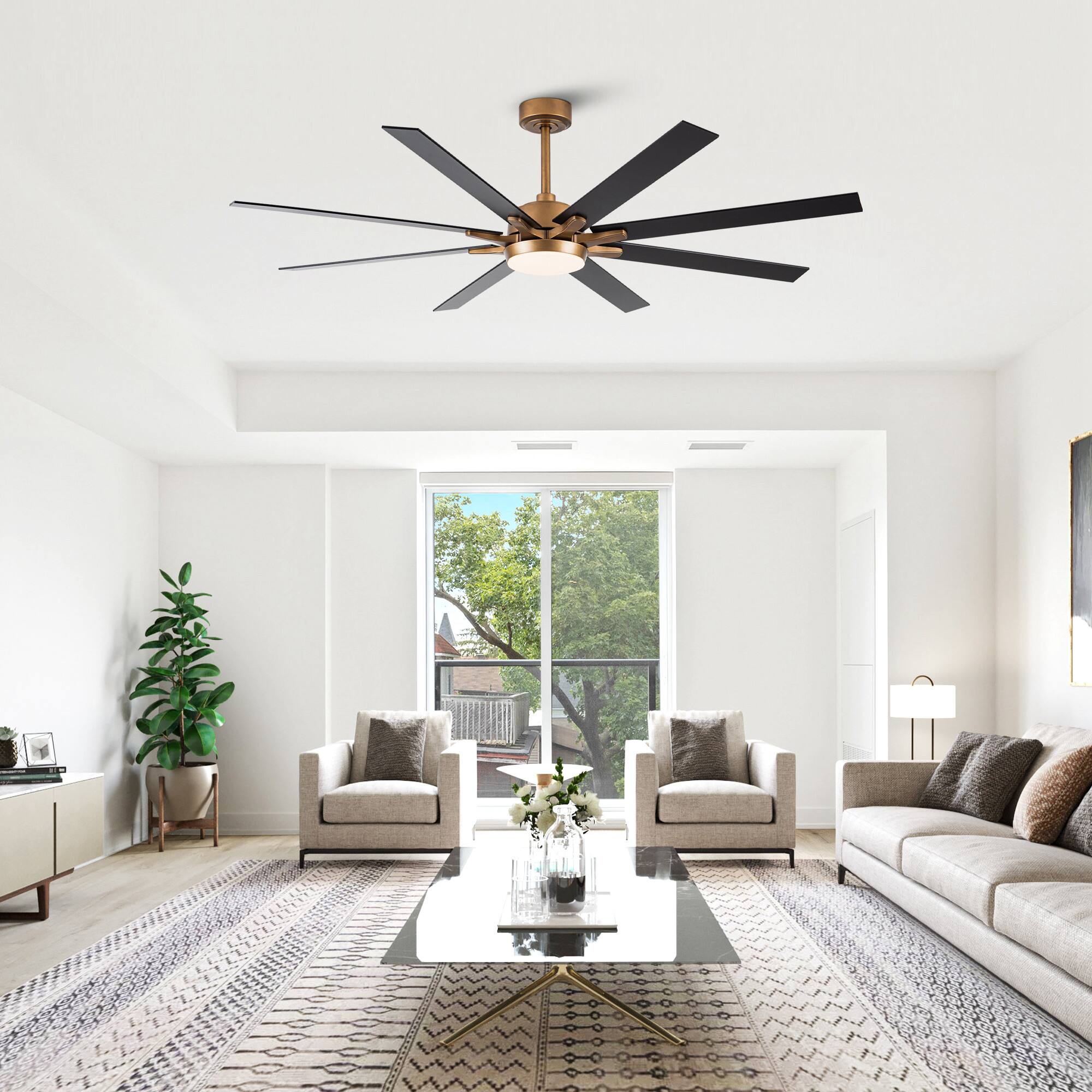Left. Parrot Uncle - 65-inch Indoor LED Ceiling Fan with Light and Remote Control, 8 Reversible Blades, DC Reversible Motor - Gold.